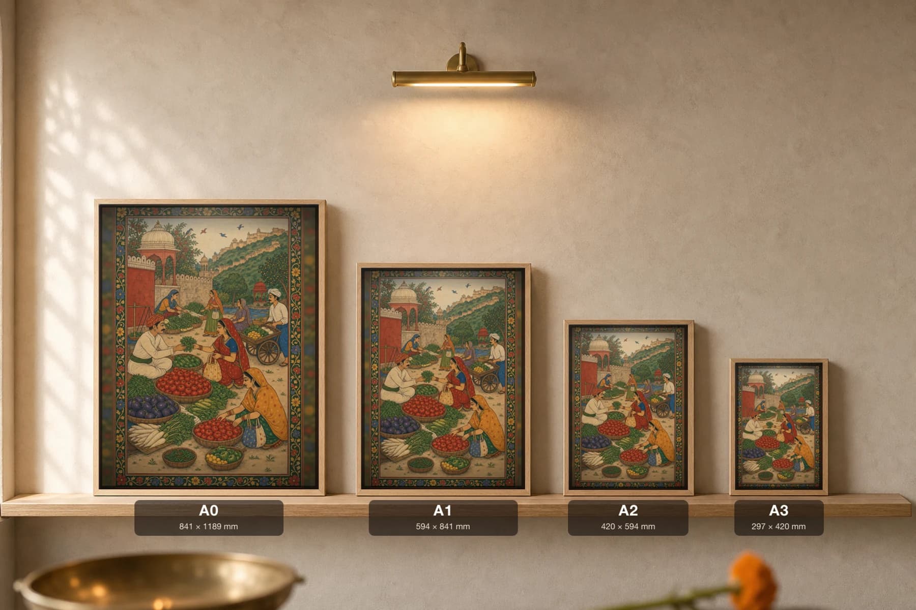 Sabzi Mandi — Morning Vegetable Market Rajput Miniature Art Print · collector edition A2 · a vendor and shoppers among baskets of vegetables below a haveli wall, Amber–Jaipur grammar — print size guide showing the artwork at A0, A1, A2 and A3 in natural-oak frames at true relative scale