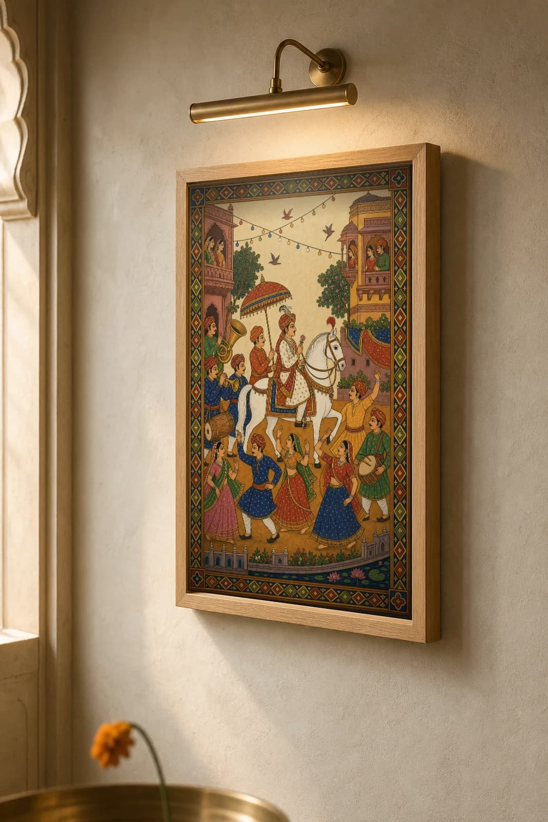 Baarat — Wedding Procession Band Rajput Miniature Art Print · collector edition A2 · a groom on a white horse under a parasol with a band and dancers below balconies, Amber–Jaipur grammar — the framed print shown at a three-quarter angle on a styled gallery wall in a natural-oak frame