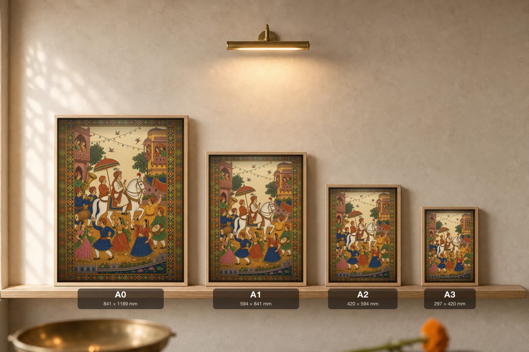 Baarat — Wedding Procession Band Rajput Miniature Art Print · collector edition A2 · a groom on a white horse under a parasol with a band and dancers below balconies, Amber–Jaipur grammar — print size guide showing the artwork at A0, A1, A2 and A3 in natural-oak frames at true relative scale