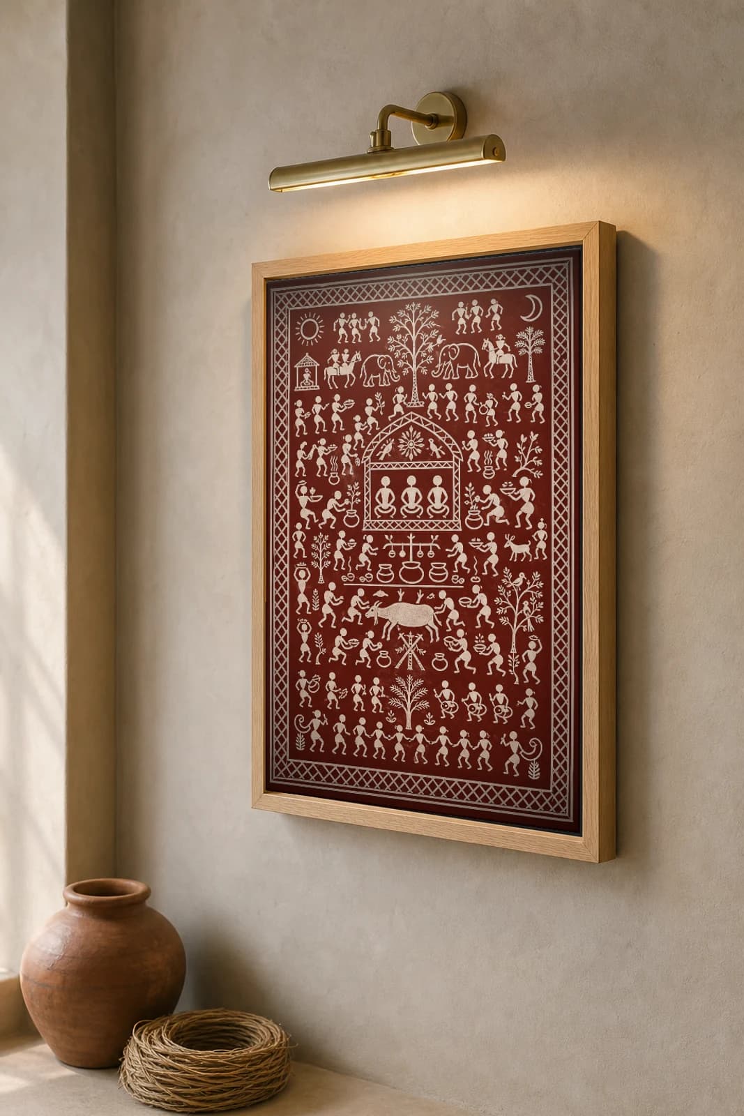 Ancestor Feast Saura Art Print — classical Lanjia Saura memorial ikon · the Guar buffalo rite · white on brick-red · framed A2 · Gunupur, Gajapati, southern Odisha · collector edition of 500 — the framed print shown at a three-quarter angle on a styled gallery wall in a natural-oak frame