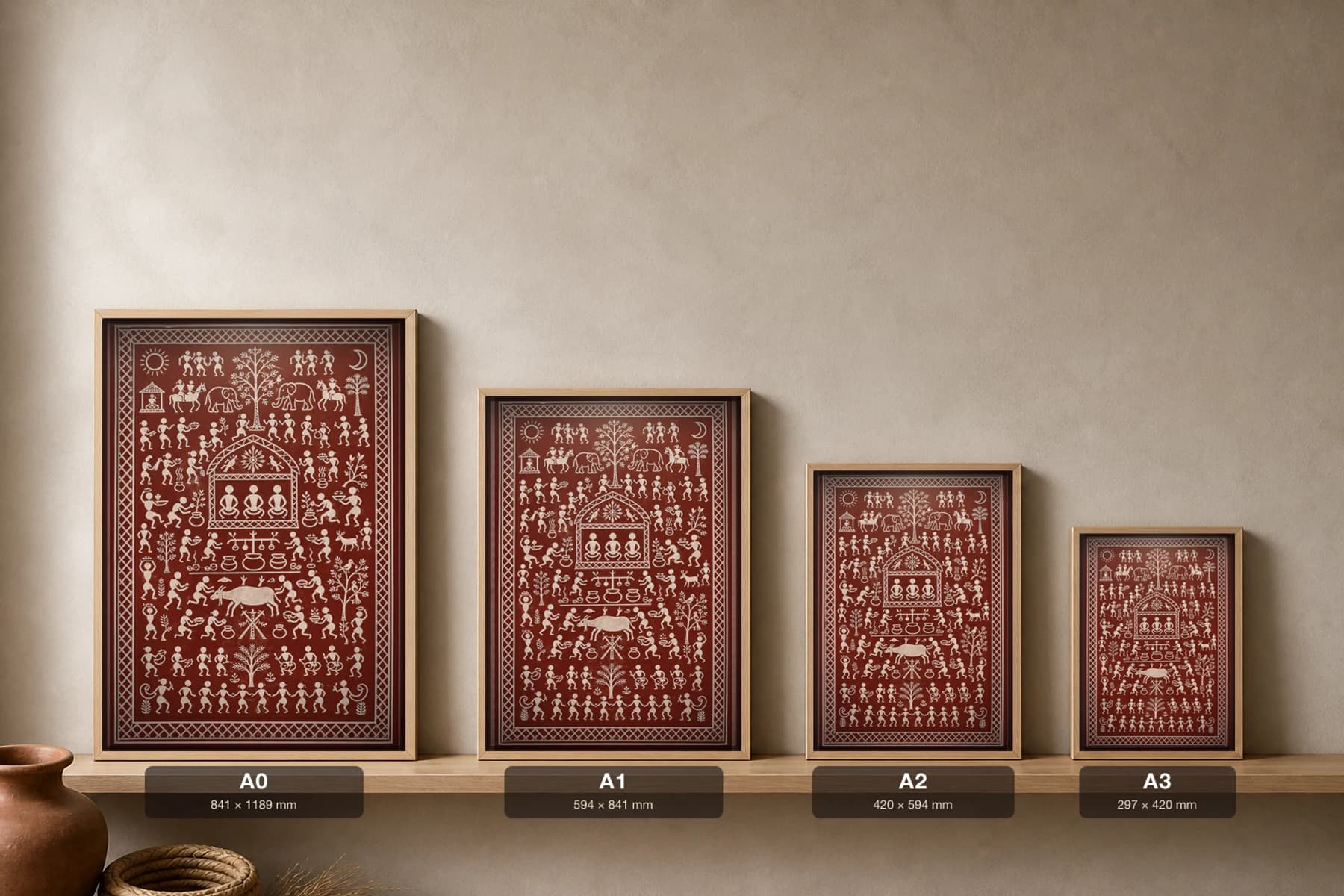 Ancestor Feast Saura Art Print — classical Lanjia Saura memorial ikon · the Guar buffalo rite · white on brick-red · framed A2 · Gunupur, Gajapati, southern Odisha · collector edition of 500 — print size guide showing the artwork at A0, A1, A2 and A3 in natural-oak frames at true relative scale