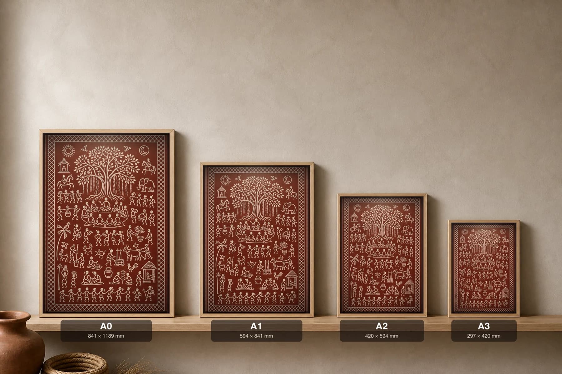 Banyan Gathering Saura Art Print — classical Lanjia Saura tree of life · the village council banyan · white on red-ochre · framed A2 · Koraput, southern Odisha · collector edition of 500 — print size guide showing the artwork at A0, A1, A2 and A3 in natural-oak frames at true relative scale