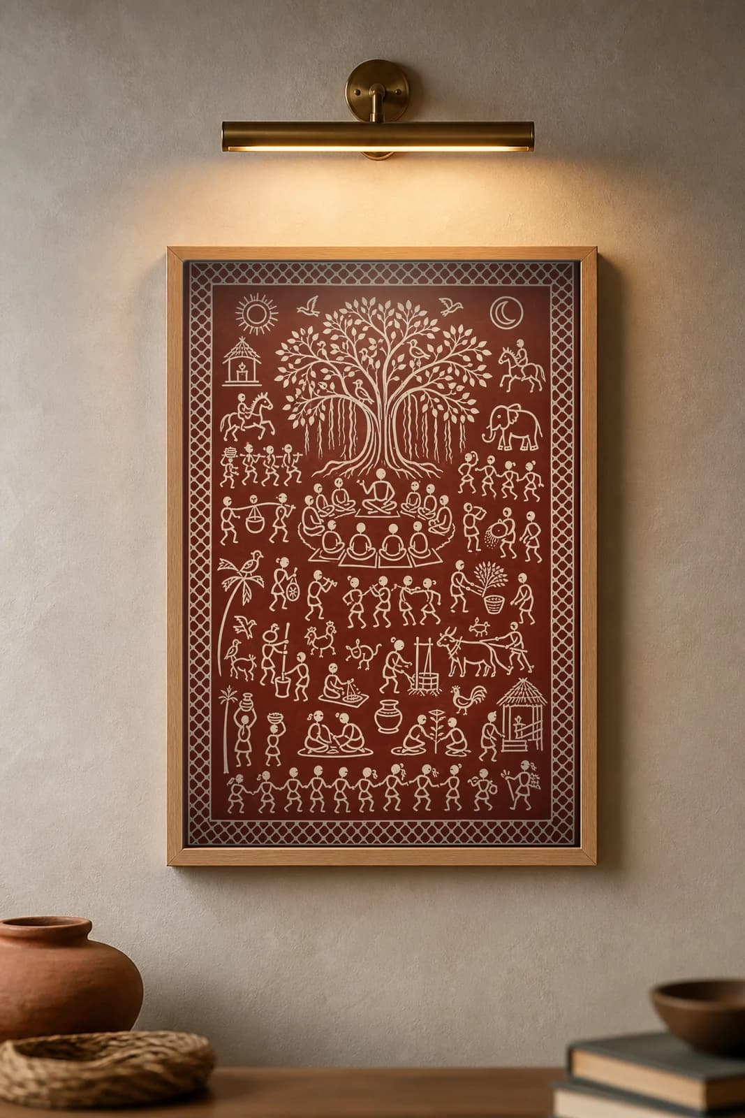Banyan Gathering — framed museum print, Saura