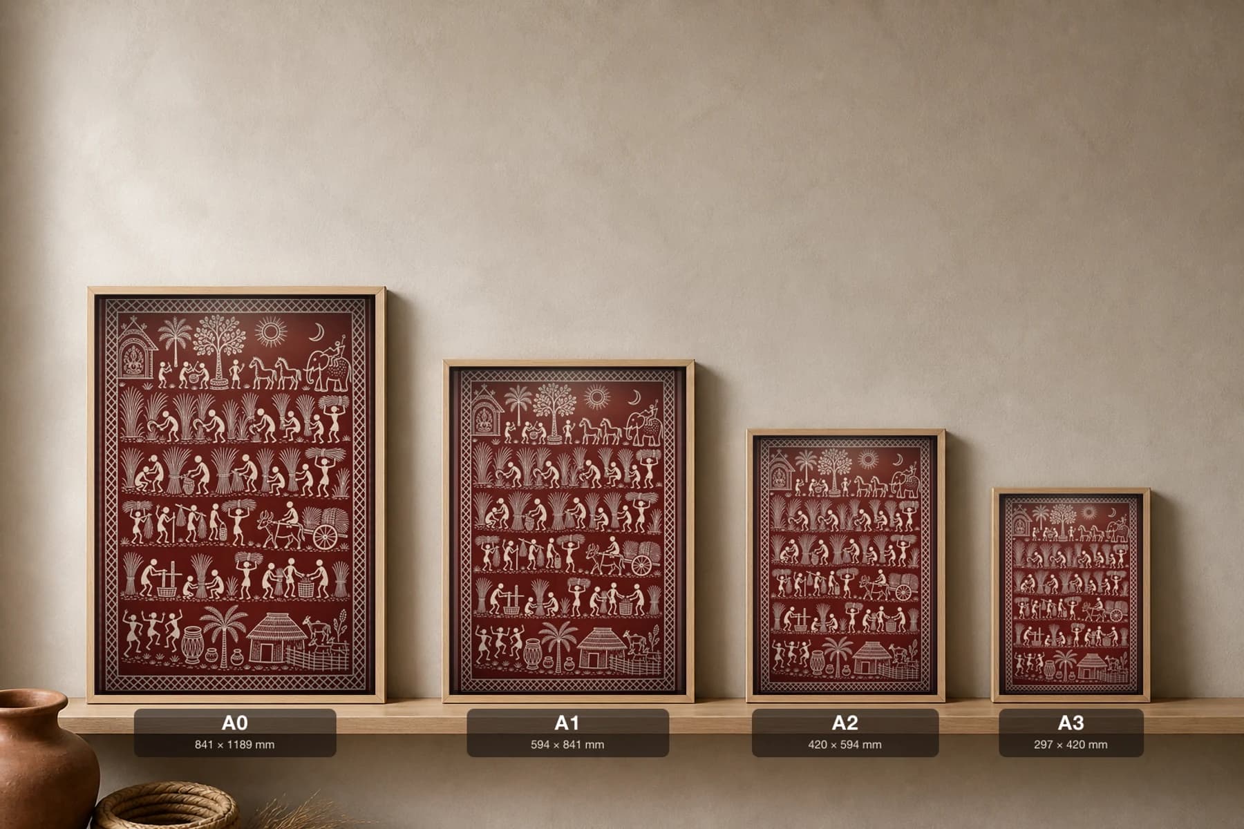 Broom Grass Harvest Saura Art Print — contemporary × Saura fusion · cutting and bundling hill broom-grass for the haat · white on deep maroon · framed A2 · Koraput, southern Odisha · collector edition of 500 — print size guide showing the artwork at A0, A1, A2 and A3 in natural-oak frames at true relative scale