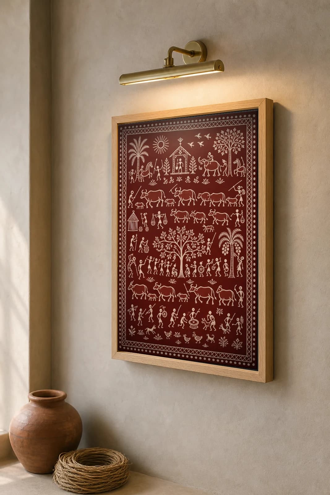 Cattle Herd Saura Art Print — classical Lanjia Saura animal procession · the buffalo and cattle driven home · white on deep crimson · framed A2 · Koraput, southern Odisha · collector edition of 500 — the framed print shown at a three-quarter angle on a styled gallery wall in a natural-oak frame