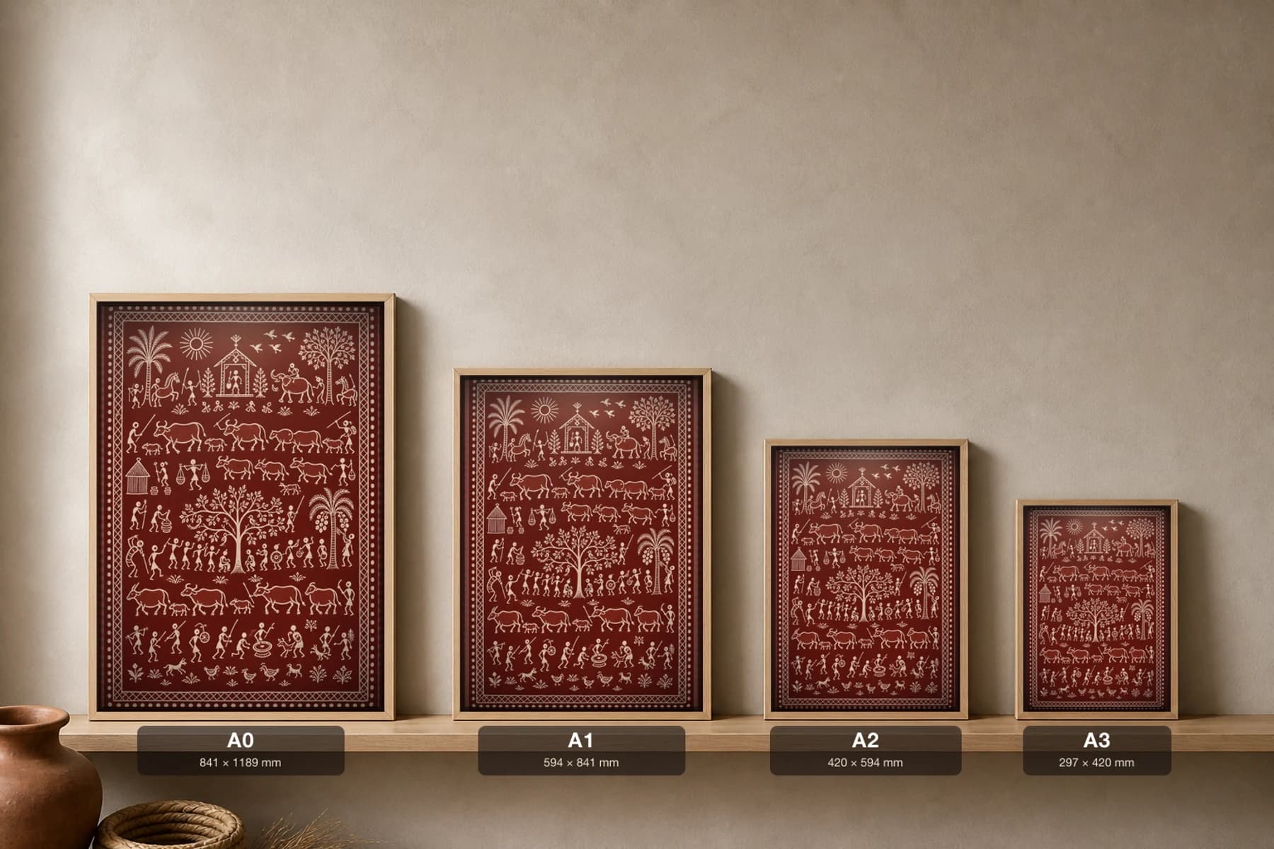 Cattle Herd Saura Art Print — classical Lanjia Saura animal procession · the buffalo and cattle driven home · white on deep crimson · framed A2 · Koraput, southern Odisha · collector edition of 500 — print size guide showing the artwork at A0, A1, A2 and A3 in natural-oak frames at true relative scale