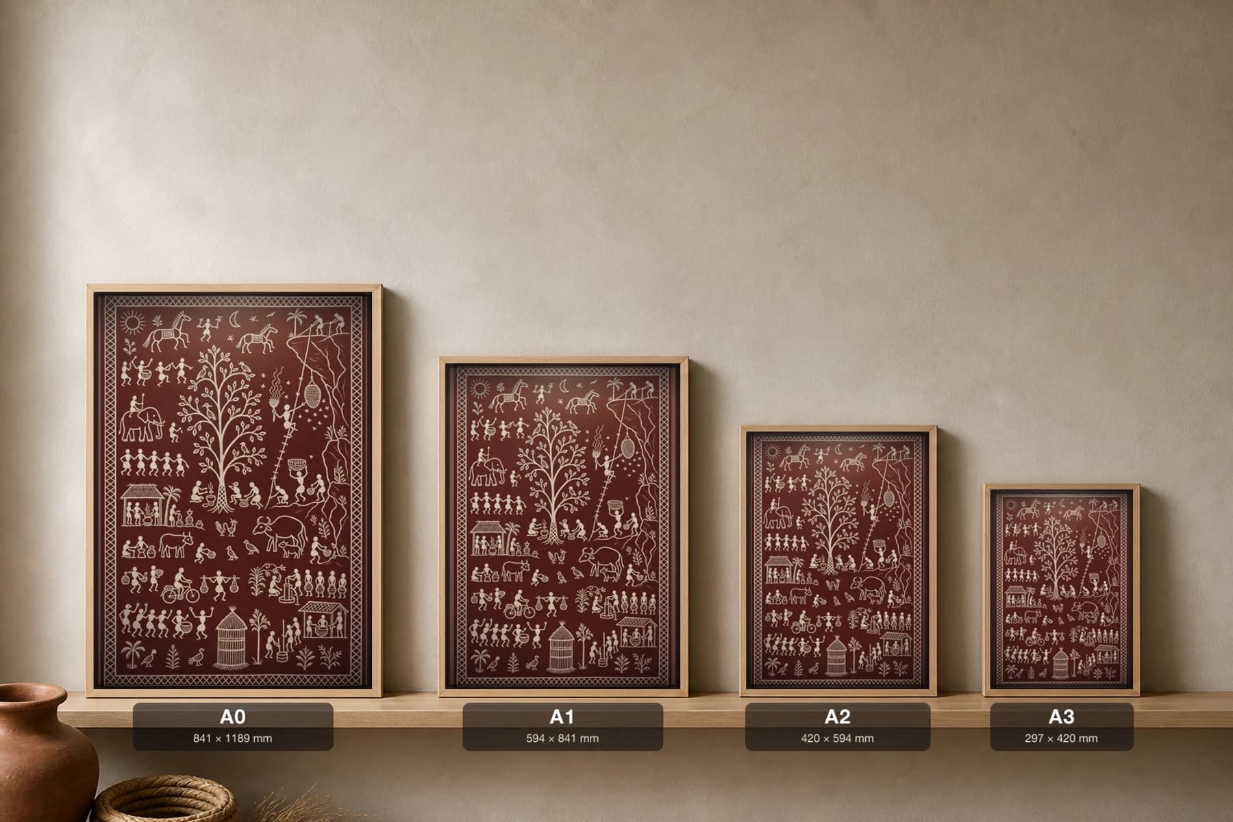 Cliff Honey Hunt Saura Art Print — contemporary × Saura fusion · honey-gatherers on the rock cliff · white on warm maroon · framed A2 · Rayagada, southern Odisha · collector edition of 500 — print size guide showing the artwork at A0, A1, A2 and A3 in natural-oak frames at true relative scale