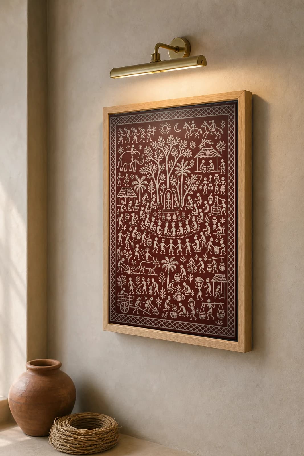 The Deity Grove Saura Art Print — contemporary × Saura fusion · the hamlet gathered before the village goddess · white on warm maroon · framed A2 · Rayagada, southern Odisha · collector edition of 500 — the framed print shown at a three-quarter angle on a styled gallery wall in a natural-oak frame