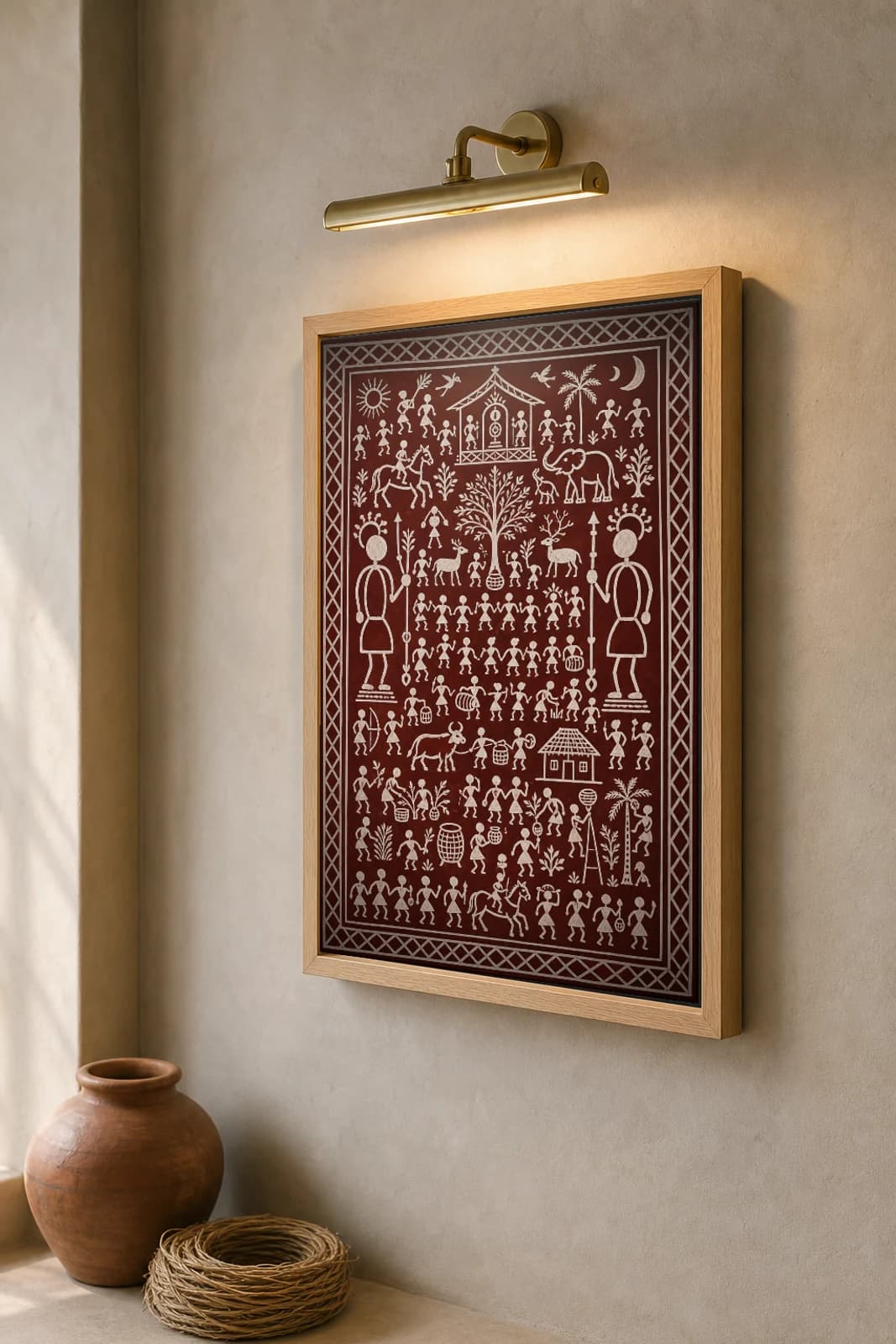 Healing Ikon Saura Art Print — classical Lanjia Saura ritual ikon · the protective shrine raised against sickness · white on maroon · framed A2 · Rayagada, southern Odisha · collector edition of 500 — the framed print shown at a three-quarter angle on a styled gallery wall in a natural-oak frame