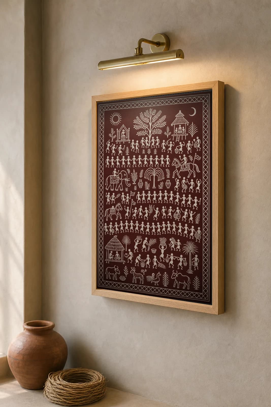 Festival Procession Saura Art Print — classical Lanjia Saura festival · the whole village moving as one dancing line · white on warm maroon · framed A2 · Rayagada, southern Odisha · collector edition of 500 — the framed print shown at a three-quarter angle on a styled gallery wall in a natural-oak frame