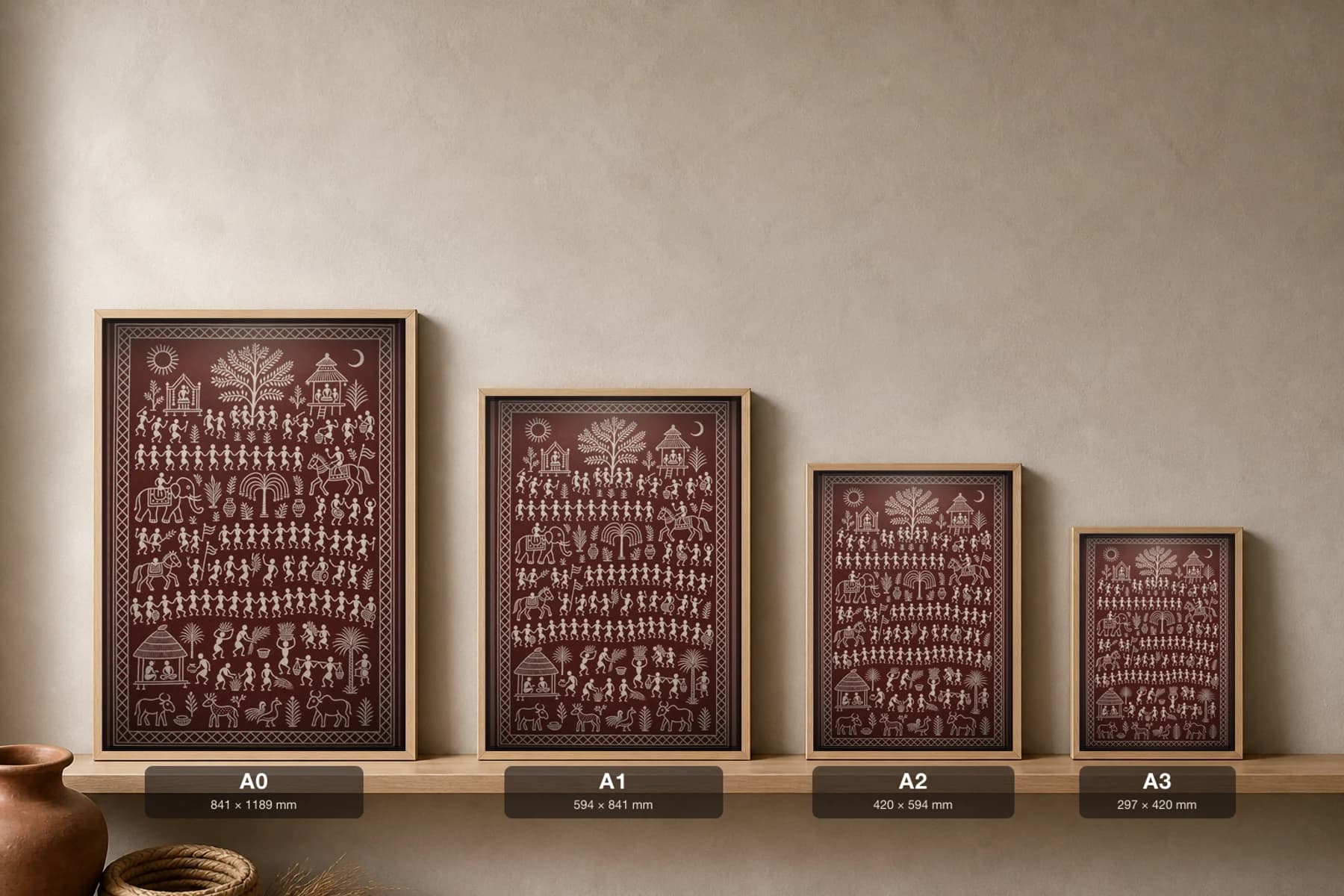 Festival Procession Saura Art Print — classical Lanjia Saura festival · the whole village moving as one dancing line · white on warm maroon · framed A2 · Rayagada, southern Odisha · collector edition of 500 — print size guide showing the artwork at A0, A1, A2 and A3 in natural-oak frames at true relative scale