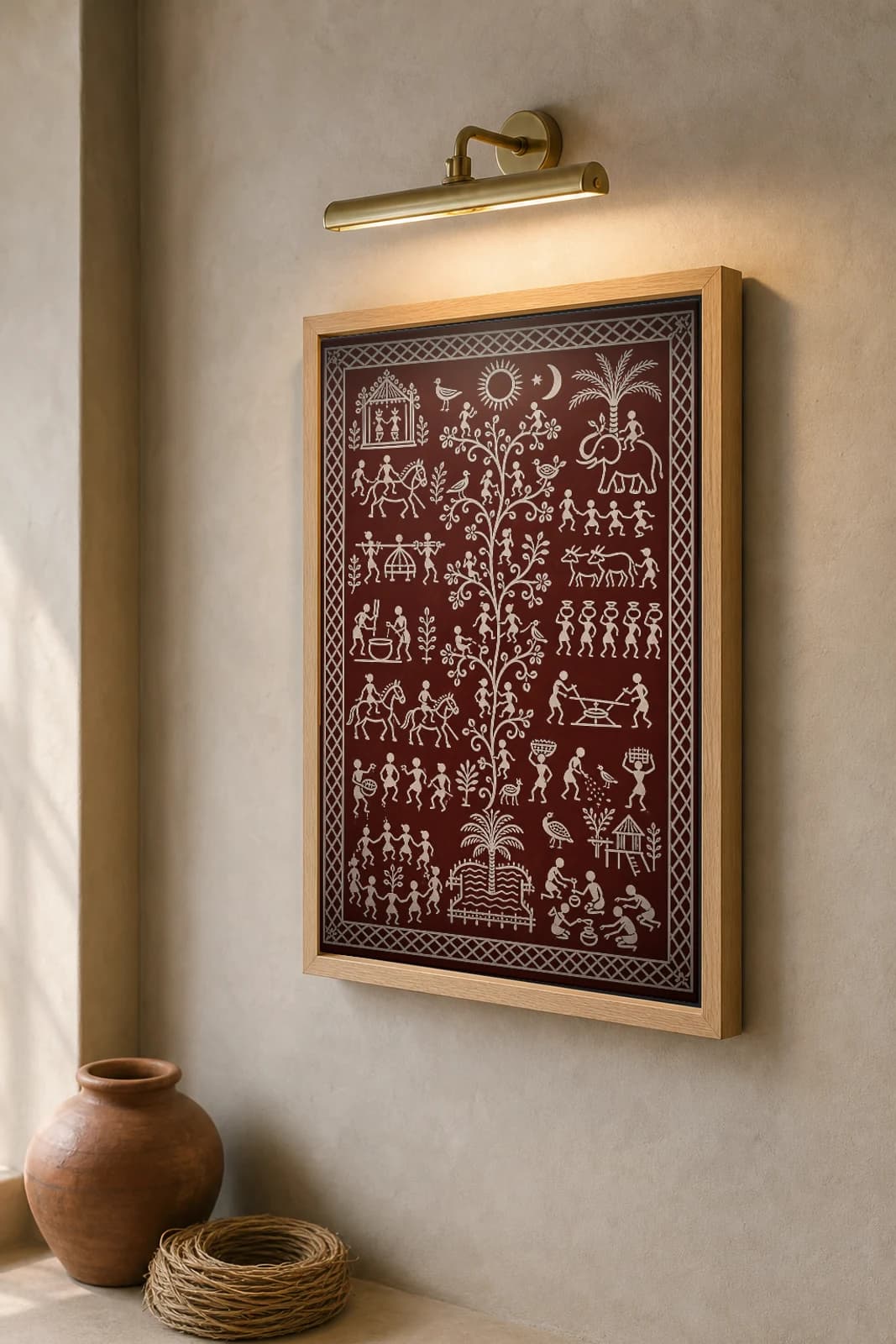 Flowering Creeper Saura Art Print — classical Lanjia Saura tree of life · the blossoming creeper scrolling through the ikon · white on maroon · framed A2 · Puttasingi, Rayagada, southern Odisha · collector edition of 500 — the framed print shown at a three-quarter angle on a styled gallery wall in a natural-oak frame