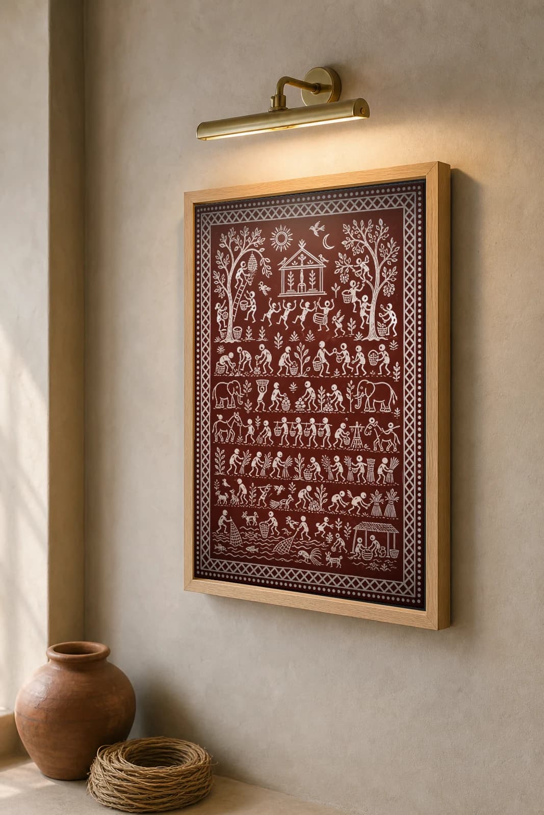 Forest Gathering Saura Art Print — classical Lanjia Saura village life · foragers taking honey, tubers and fruit from the forest · white on brick-red · framed A2 · Rayagada, southern Odisha · collector edition of 500 — the framed print shown at a three-quarter angle on a styled gallery wall in a natural-oak frame