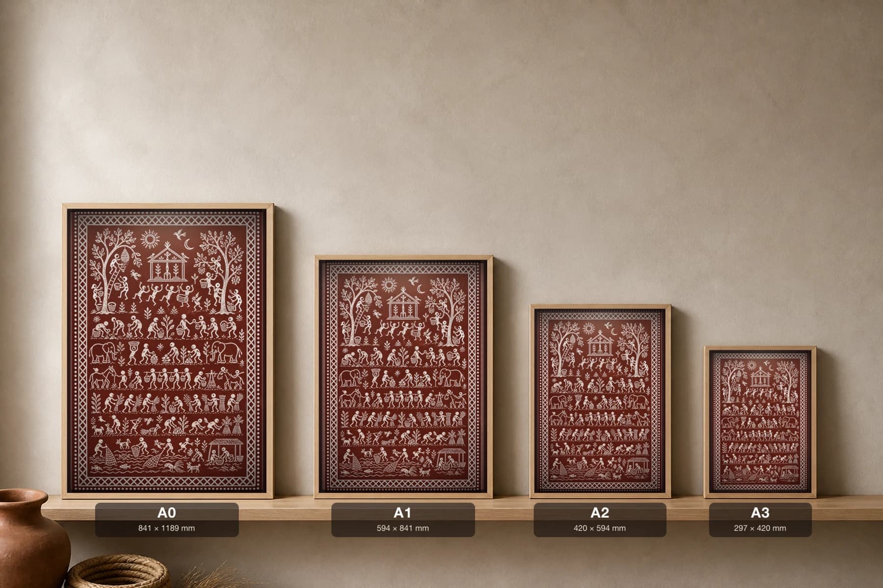 Forest Gathering Saura Art Print — classical Lanjia Saura village life · foragers taking honey, tubers and fruit from the forest · white on brick-red · framed A2 · Rayagada, southern Odisha · collector edition of 500 — print size guide showing the artwork at A0, A1, A2 and A3 in natural-oak frames at true relative scale