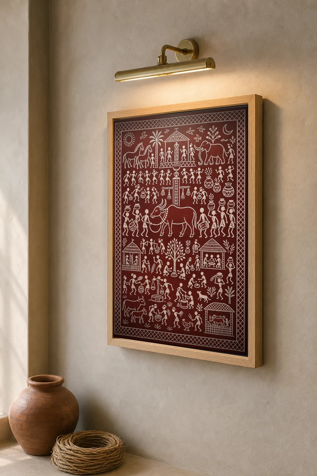 Guar Buffalo Rite Saura Art Print — contemporary × Saura fusion · the buffalo offering that settles the dead among the ancestors · white on warm maroon · framed A2 · Rayagada, southern Odisha · collector edition of 500 — the framed print shown at a three-quarter angle on a styled gallery wall in a natural-oak frame