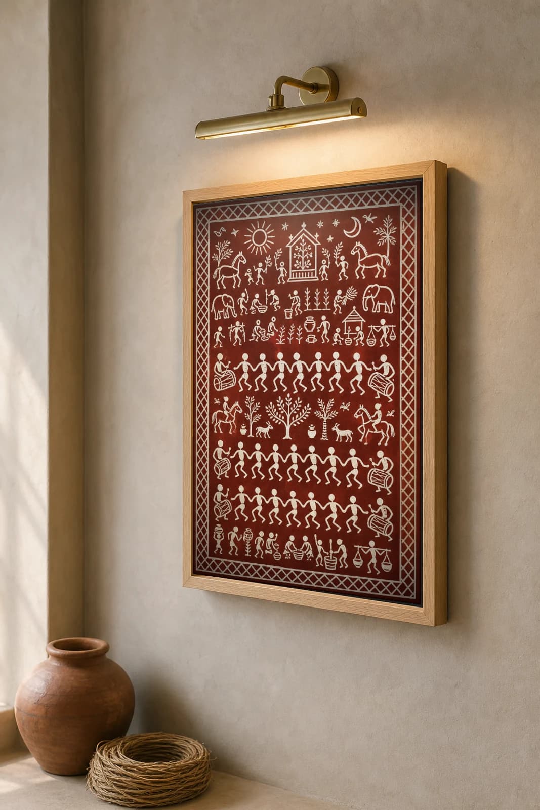 Harvest Dance Saura Art Print — classical Lanjia Saura communal dance · linked rows of dancers after the field is gathered · white on terracotta-red · framed A2 · Rayagada, southern Odisha · collector edition of 500 — the framed print shown at a three-quarter angle on a styled gallery wall in a natural-oak frame