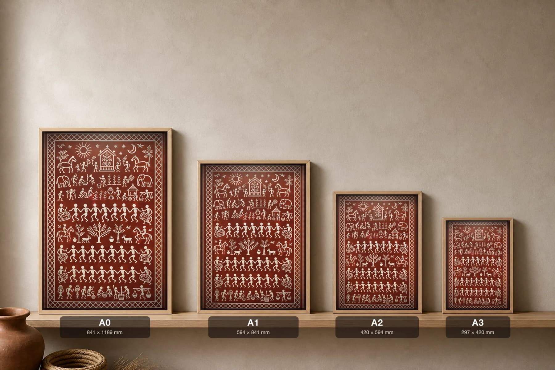 Harvest Dance Saura Art Print — classical Lanjia Saura communal dance · linked rows of dancers after the field is gathered · white on terracotta-red · framed A2 · Rayagada, southern Odisha · collector edition of 500 — print size guide showing the artwork at A0, A1, A2 and A3 in natural-oak frames at true relative scale