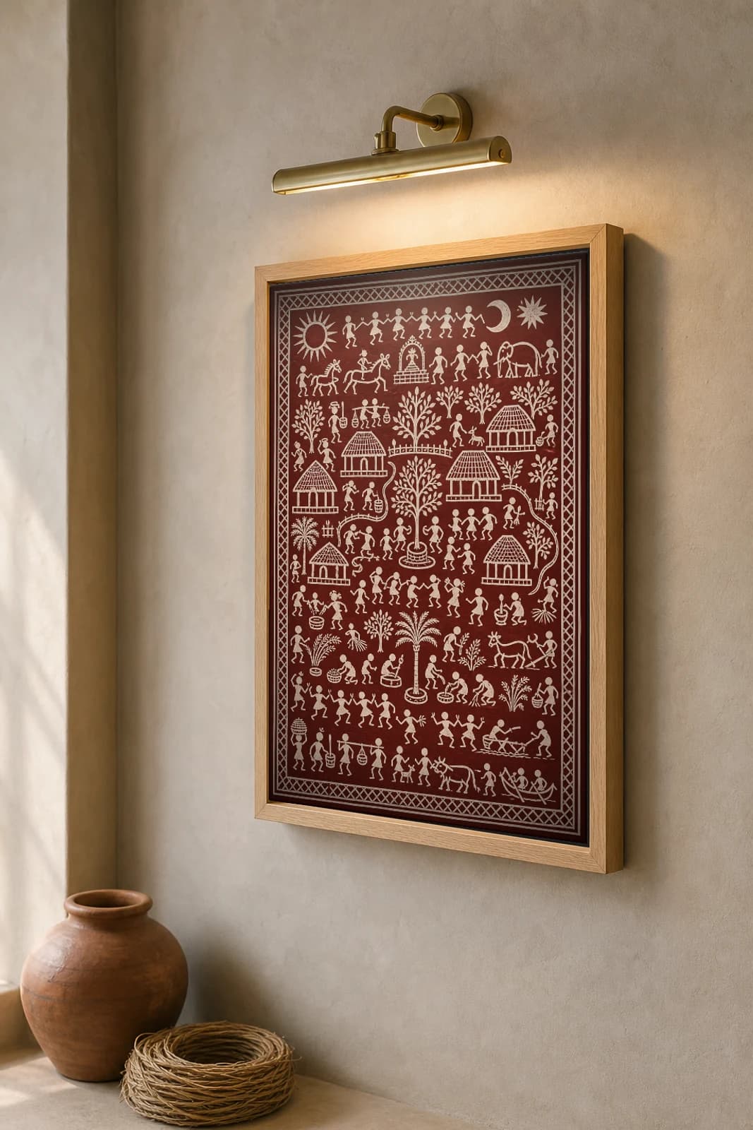 Hill Village Saura Art Print — classical Lanjia Saura village panorama · thatched huts, a tree of life and a full day of work · white on deep-crimson · framed A2 · Rayagada, southern Odisha · collector edition of 500 — the framed print shown at a three-quarter angle on a styled gallery wall in a natural-oak frame