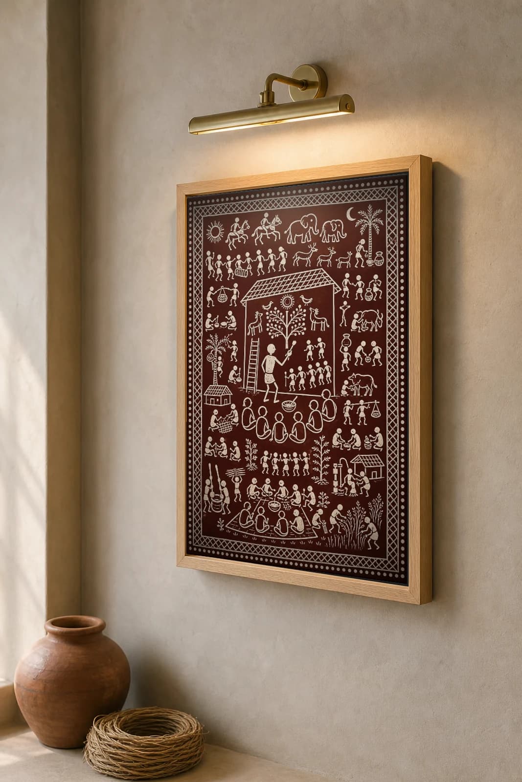 Painting the Idital Saura Art Print — contemporary Lanjia Saura scene · a painter raising an idital on a house wall as the village watches and feasts · white on deep-maroon · framed A2 · Puttasingi, southern Odisha · collector edition of 500 — the framed print shown at a three-quarter angle on a styled gallery wall in a natural-oak frame