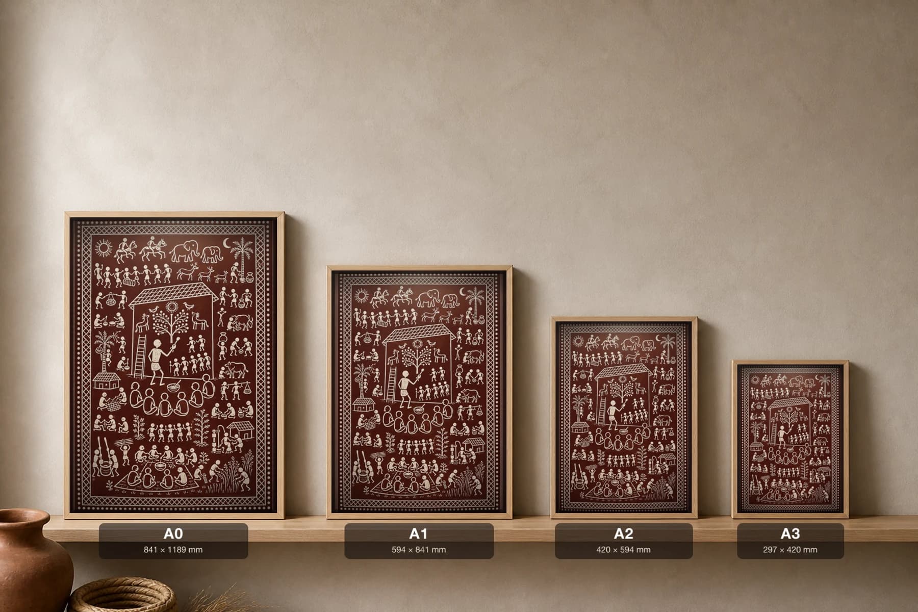 Painting the Idital Saura Art Print — contemporary Lanjia Saura scene · a painter raising an idital on a house wall as the village watches and feasts · white on deep-maroon · framed A2 · Puttasingi, southern Odisha · collector edition of 500 — print size guide showing the artwork at A0, A1, A2 and A3 in natural-oak frames at true relative scale