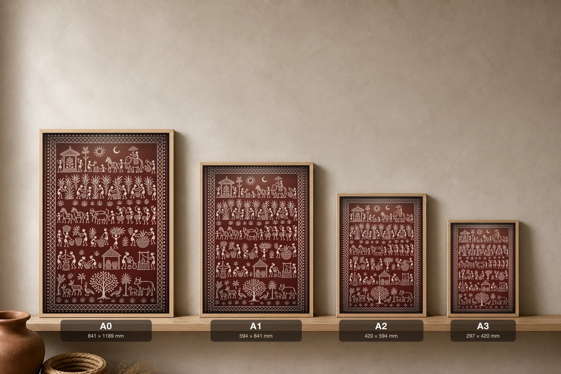 Kewda Harvest Saura Art Print — contemporary Lanjia Saura fusion · screwpine cutting and basket-carrying registers · white on deep maroon · framed A2 · Rayagada hills, southern Odisha · collector edition of 500 — print size guide showing the artwork at A0, A1, A2 and A3 in natural-oak frames at true relative scale