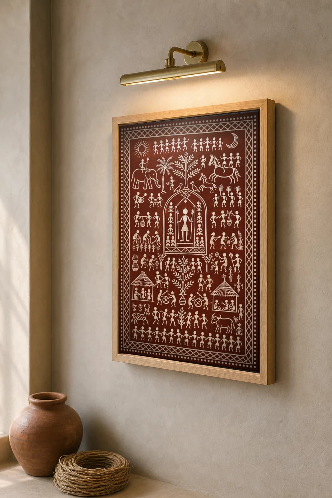 Kitung Ikon Saura Art Print — classical Lanjia Saura ancestor shrine · enthroned Kitung deity in an arched niche · white on deep maroon · framed A2 · Rayagada, southern Odisha · collector edition of 500 — the framed print shown at a three-quarter angle on a styled gallery wall in a natural-oak frame
