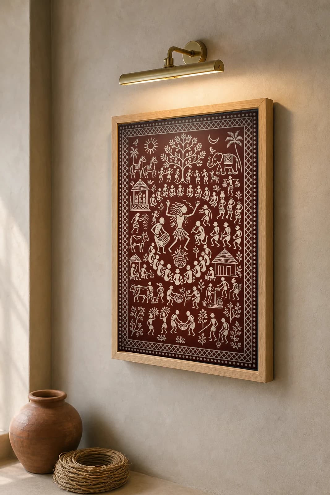 The Shaman in Trance Saura Art Print — contemporary Lanjia Saura fusion · kuranmaran priest dancing over a fire pot · white on deep maroon · framed A2 · Rayagada, southern Odisha · collector edition of 500 — the framed print shown at a three-quarter angle on a styled gallery wall in a natural-oak frame