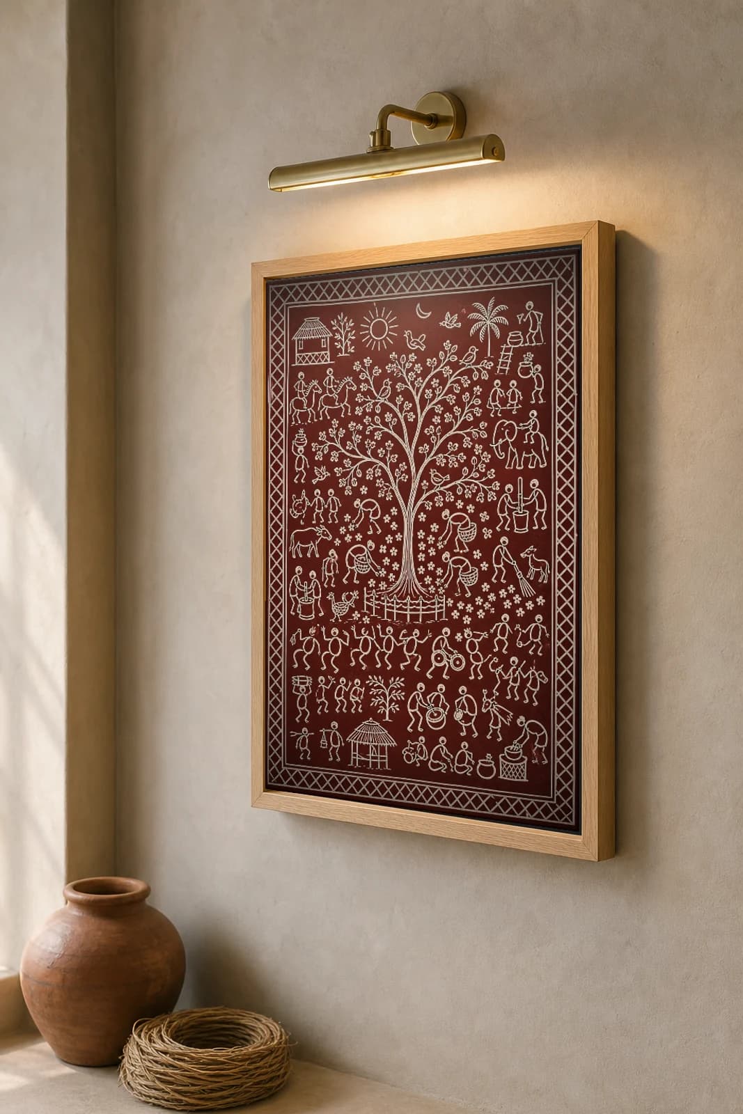 Mahua Gathering Saura Art Print — contemporary Lanjia Saura fusion · the flowering mahua tree at dawn with gatherers and baskets · white on deep maroon · framed A2 · Rayagada, southern Odisha · collector edition of 500 — the framed print shown at a three-quarter angle on a styled gallery wall in a natural-oak frame