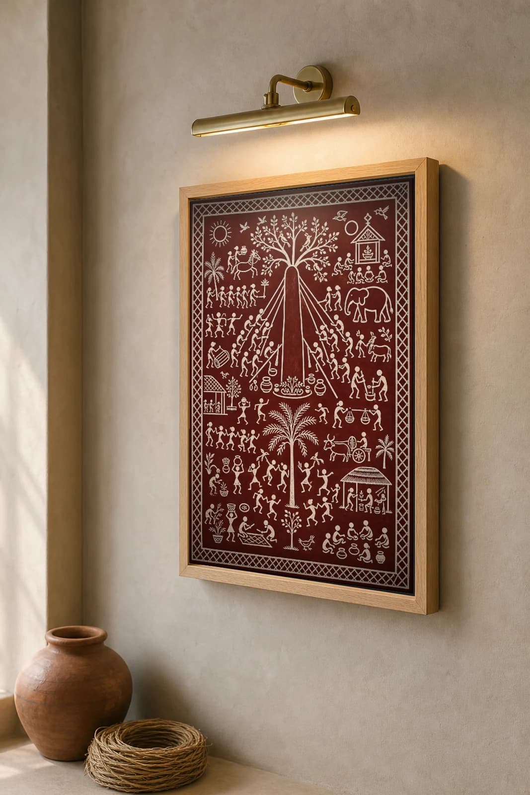 Raising the Menhir Saura Art Print — contemporary Lanjia Saura fusion · the whole village hauling a memorial stone upright with ropes · white on deep maroon · framed A2 · Rayagada, southern Odisha · collector edition of 500 — the framed print shown at a three-quarter angle on a styled gallery wall in a natural-oak frame