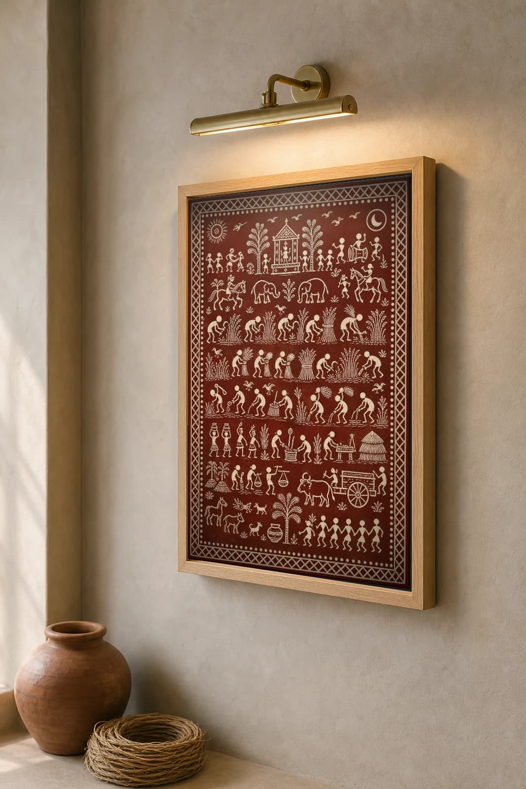 Paddy Harvest Saura Art Print — classical Lanjia Saura field panel · cutting, bundling and threshing rice in stacked rows · white on deep maroon · framed A2 · Rayagada, southern Odisha · collector edition of 500 — the framed print shown at a three-quarter angle on a styled gallery wall in a natural-oak frame