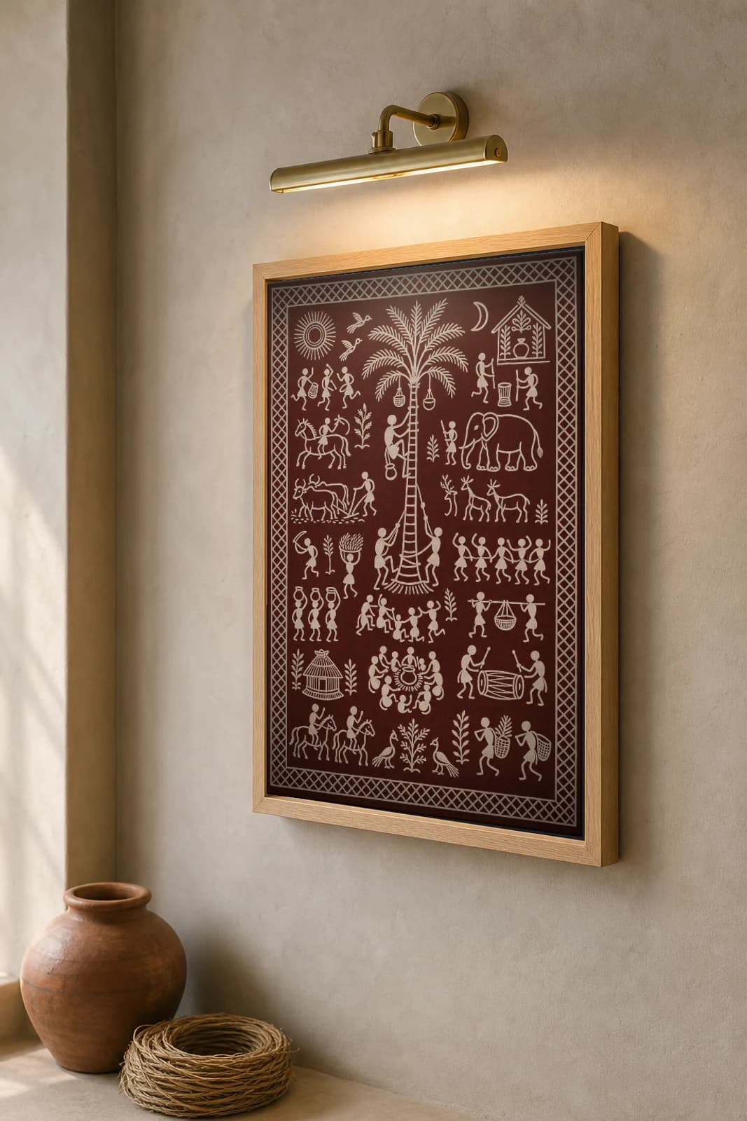 Palm Tree and Tapper Saura Art Print — classical Lanjia Saura village panel · a tapper climbing the central palm among daily-life rows · white on deep maroon · framed A2 · Rayagada, southern Odisha · collector edition of 500 — the framed print shown at a three-quarter angle on a styled gallery wall in a natural-oak frame