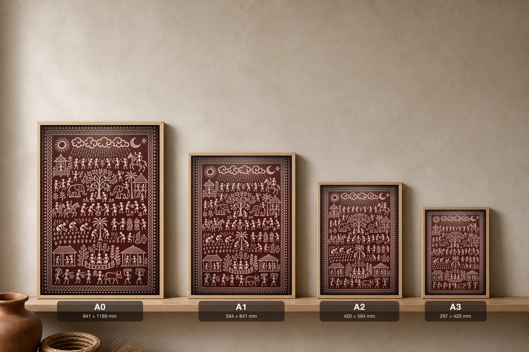Rain Blessing Saura Art Print — classical Lanjia Saura sky panel · a scalloped rain-cloud band raining over tree, village and field · white on deep maroon · framed A2 · Rayagada, southern Odisha · collector edition of 500 — print size guide showing the artwork at A0, A1, A2 and A3 in natural-oak frames at true relative scale