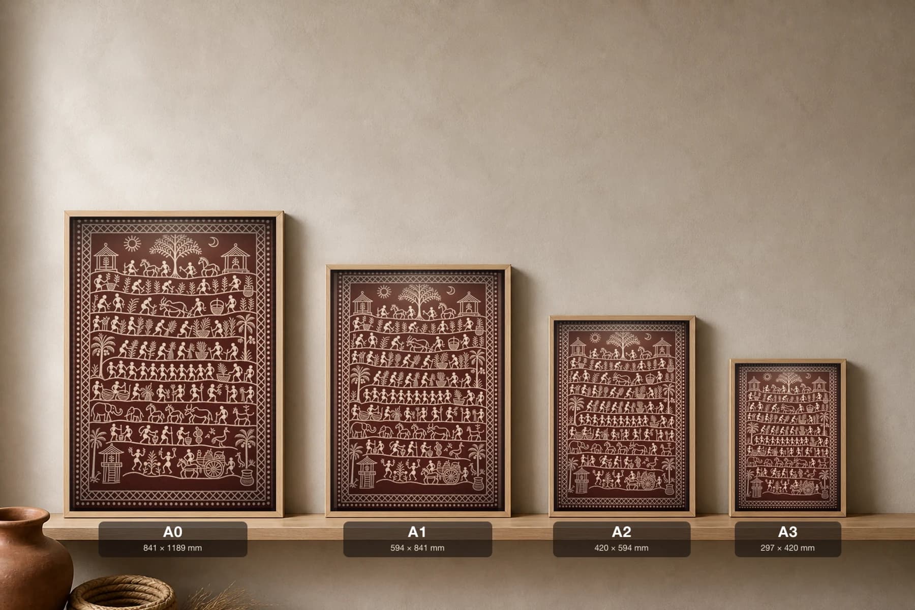 Hill Field Saura Art Print — classical Lanjia Saura field panel · a full hill of curving cultivation bands worked top to bottom · white on deep maroon · framed A2 · Rayagada, southern Odisha · collector edition of 500 — print size guide showing the artwork at A0, A1, A2 and A3 in natural-oak frames at true relative scale