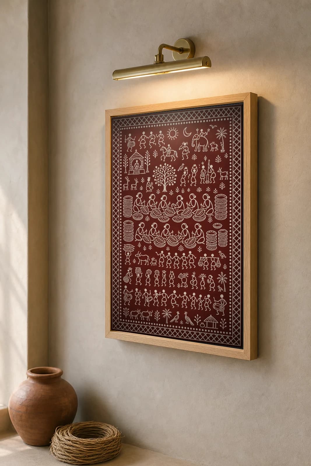 Siali Leaf Plates Saura Art Print — contemporary Lanjia Saura fusion · seated rows stitching siali-leaf plates with stacks of finished discs · white on deep maroon · framed A2 · Rayagada, southern Odisha · collector edition of 500 — the framed print shown at a three-quarter angle on a styled gallery wall in a natural-oak frame