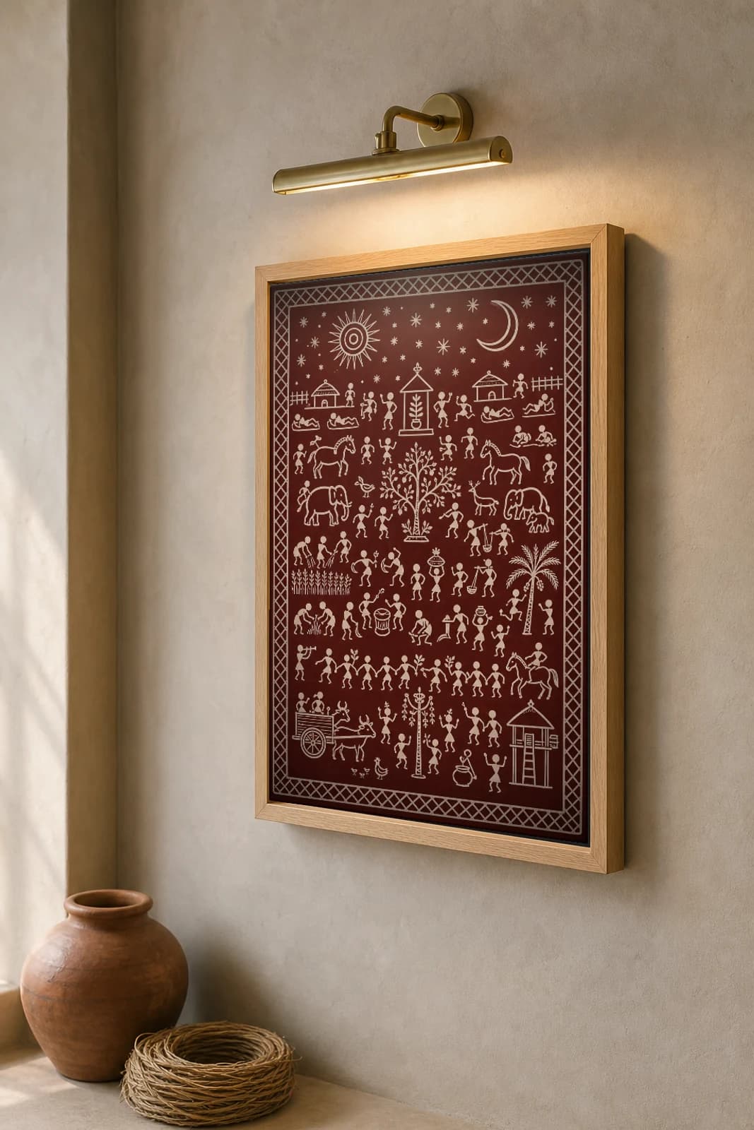 Star Canopy Saura Art Print — classical Lanjia Saura sky panel · a rayed sun, crescent moon and scattered stars over a sleeping village · white on deep maroon · framed A2 · Rayagada, southern Odisha · collector edition of 500 — the framed print shown at a three-quarter angle on a styled gallery wall in a natural-oak frame