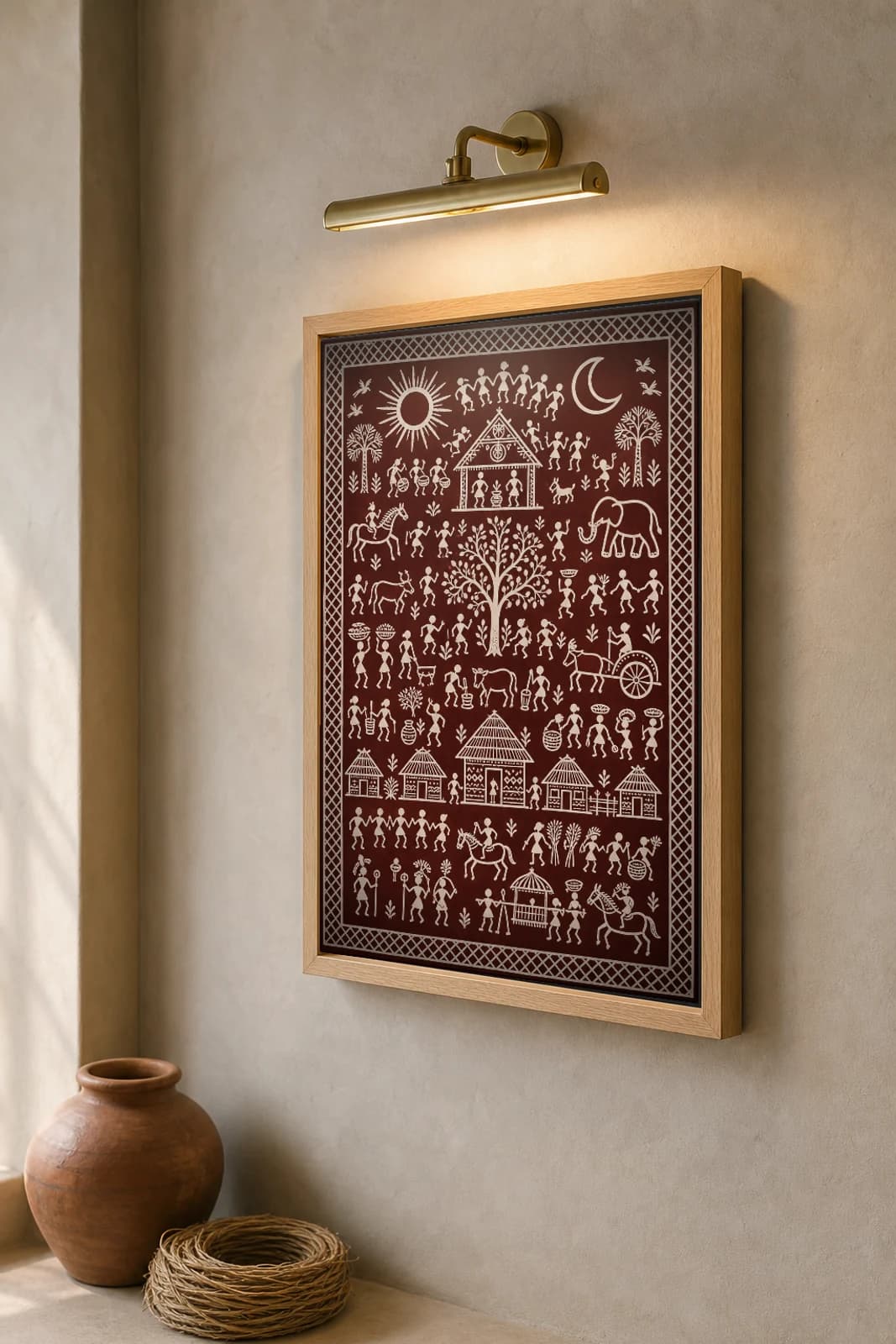 Sun and Moon Saura Art Print — classical Lanjia Saura sky panel · a rayed sun and crescent moon crowning a full village ikon · white on deep maroon · framed A2 · Rayagada, southern Odisha · collector edition of 500 — the framed print shown at a three-quarter angle on a styled gallery wall in a natural-oak frame