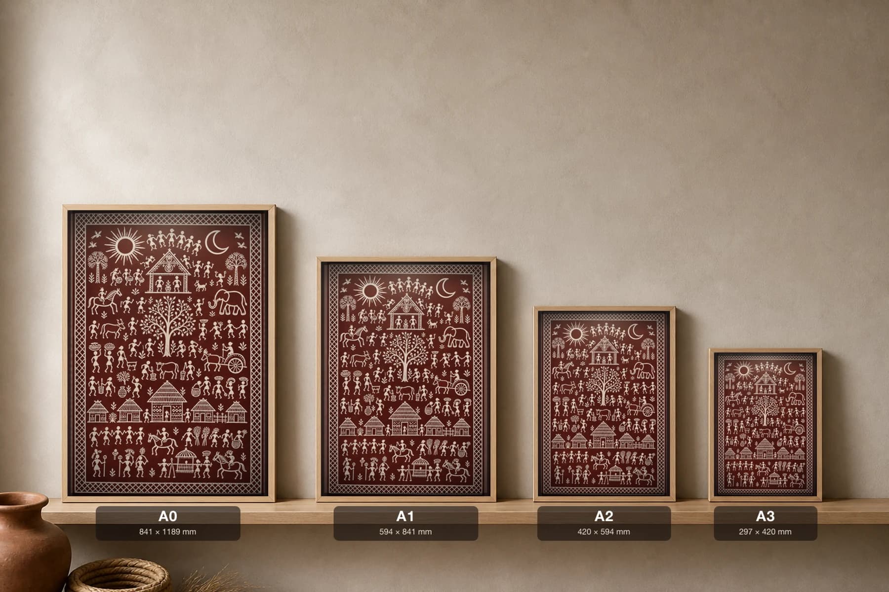 Sun and Moon Saura Art Print — classical Lanjia Saura sky panel · a rayed sun and crescent moon crowning a full village ikon · white on deep maroon · framed A2 · Rayagada, southern Odisha · collector edition of 500 — print size guide showing the artwork at A0, A1, A2 and A3 in natural-oak frames at true relative scale