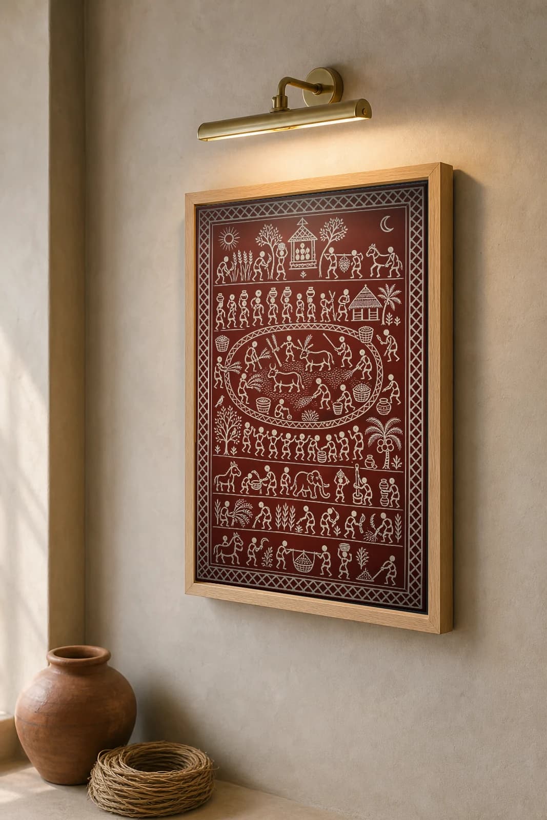 Threshing Floor Saura Art Print — classical Lanjia Saura harvest scene · oxen treading grain inside an oval medallion as the village winnows · white on oxblood-red · framed A2 · Rayagada, southern Odisha · collector edition of 500 — the framed print shown at a three-quarter angle on a styled gallery wall in a natural-oak frame
