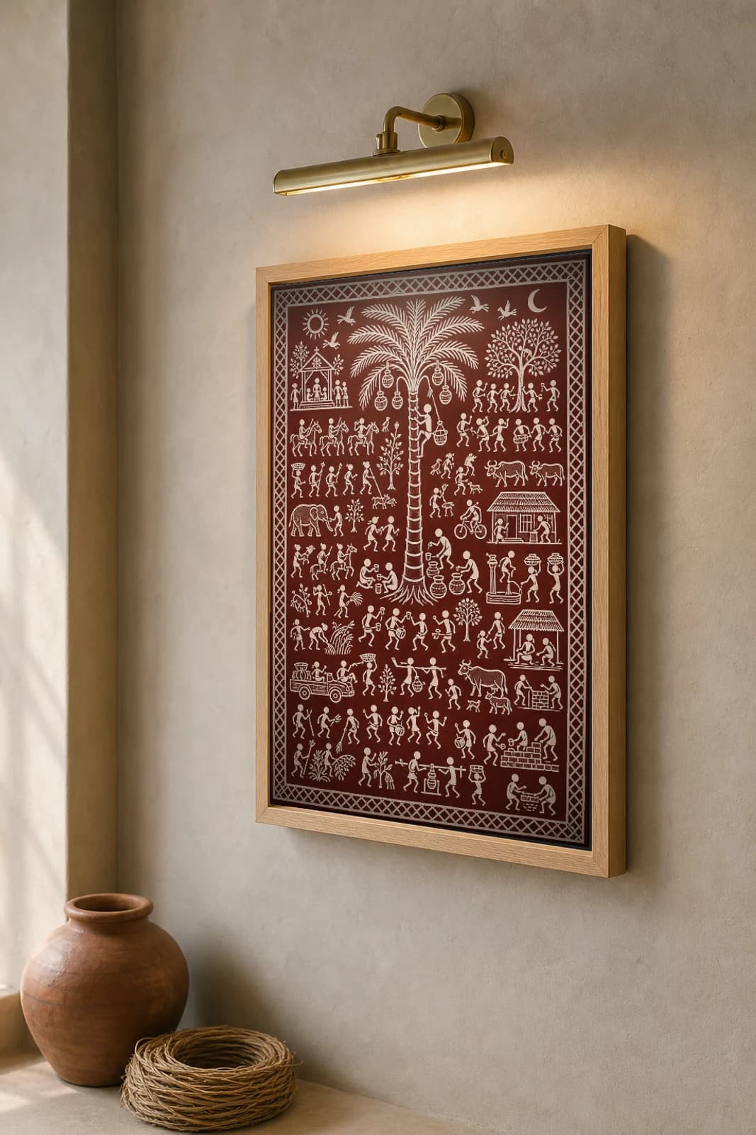 Toddy Tapping Saura Art Print — contemporary Lanjia Saura village scene · a tall toddy palm hung with collecting pots and a climbing tapper · white on deep-maroon · framed A2 · Rayagada, southern Odisha · collector edition of 500 — the framed print shown at a three-quarter angle on a styled gallery wall in a natural-oak frame