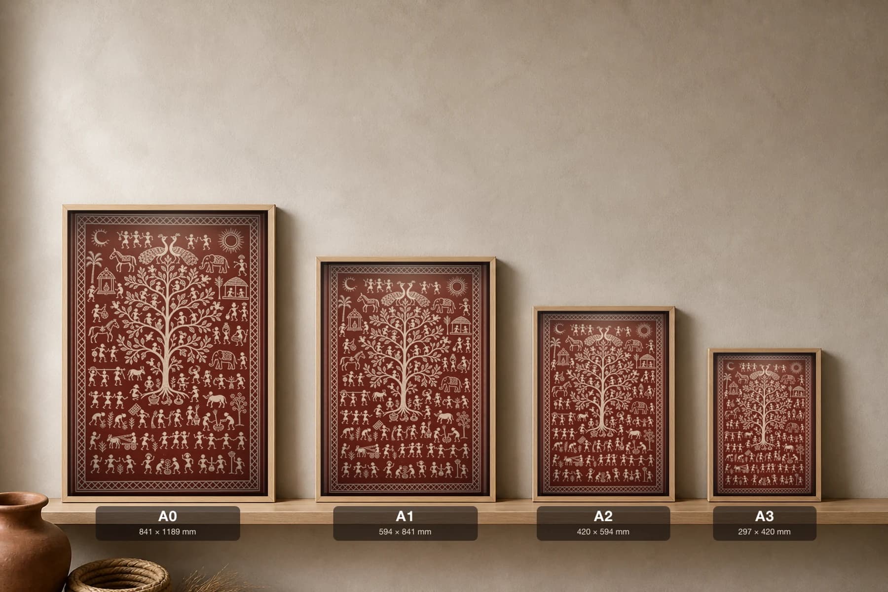 Tree of Life Saura Art Print — classical Lanjia Saura tree of life · a great spreading tree full of birds and climbers crowning the village · white on brick-red · framed A2 · Rayagada, southern Odisha · collector edition of 500 — print size guide showing the artwork at A0, A1, A2 and A3 in natural-oak frames at true relative scale