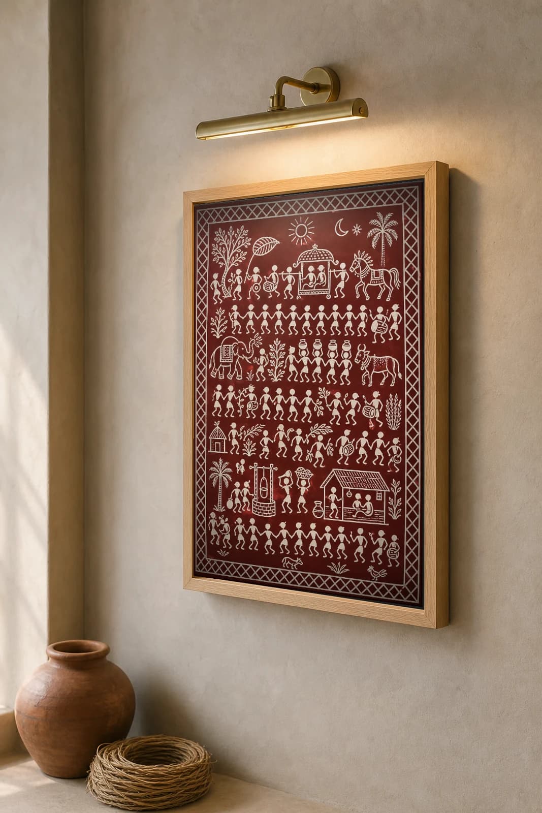 Wedding Procession Saura Art Print — contemporary Lanjia Saura scene · a canopied palki carried with drummers and a baraat horse as the village dances · white on deep-maroon · framed A2 · Gunupur, Gajapati, southern Odisha · collector edition of 500 — the framed print shown at a three-quarter angle on a styled gallery wall in a natural-oak frame