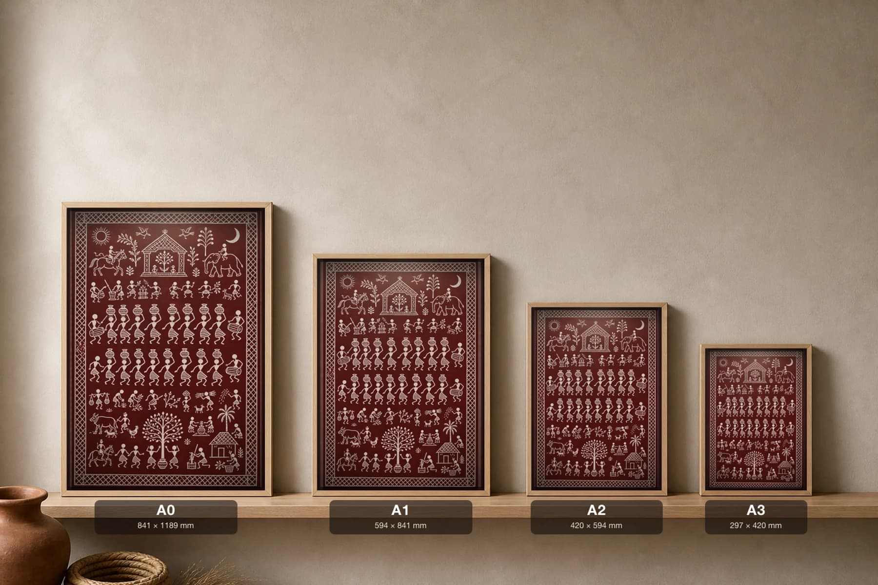 Pot Dance Saura Art Print — classical Lanjia Saura communal dance · rows of women balancing pots on their heads as they step · white on deep-maroon · framed A2 · Koraput, southern Odisha · collector edition of 500 — print size guide showing the artwork at A0, A1, A2 and A3 in natural-oak frames at true relative scale