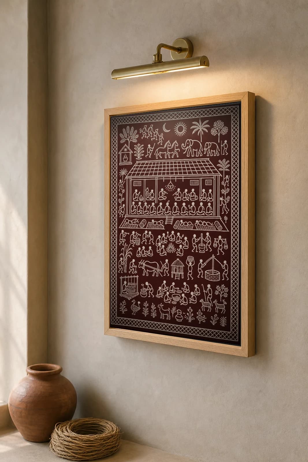 The Dormitory Saura Art Print — contemporary Lanjia Saura scene · a long youth hall of seated rows and an elder, the village at work around it · white on oxblood-red · framed A2 · Rayagada, southern Odisha · collector edition of 500 — the framed print shown at a three-quarter angle on a styled gallery wall in a natural-oak frame