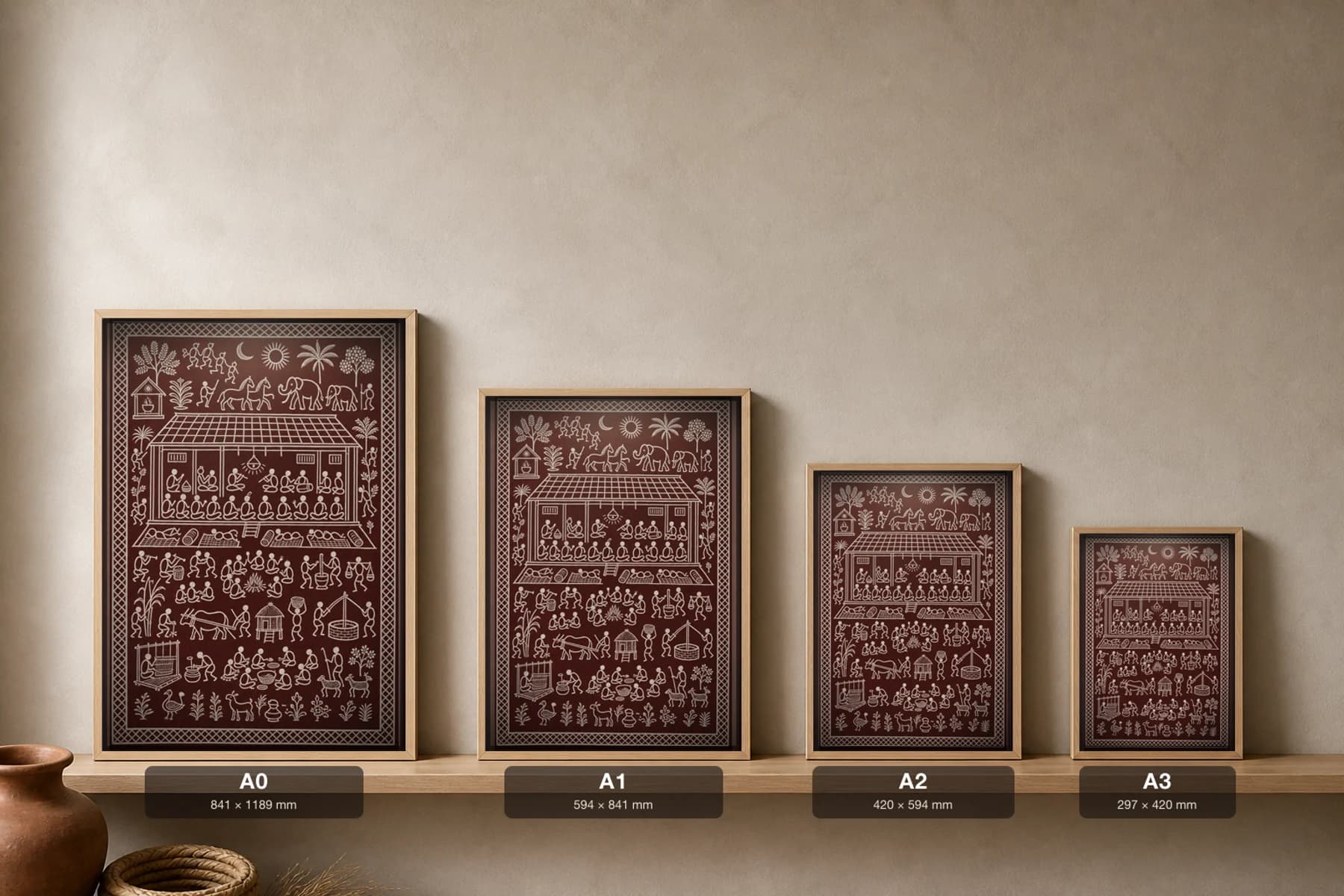 The Dormitory Saura Art Print — contemporary Lanjia Saura scene · a long youth hall of seated rows and an elder, the village at work around it · white on oxblood-red · framed A2 · Rayagada, southern Odisha · collector edition of 500 — print size guide showing the artwork at A0, A1, A2 and A3 in natural-oak frames at true relative scale