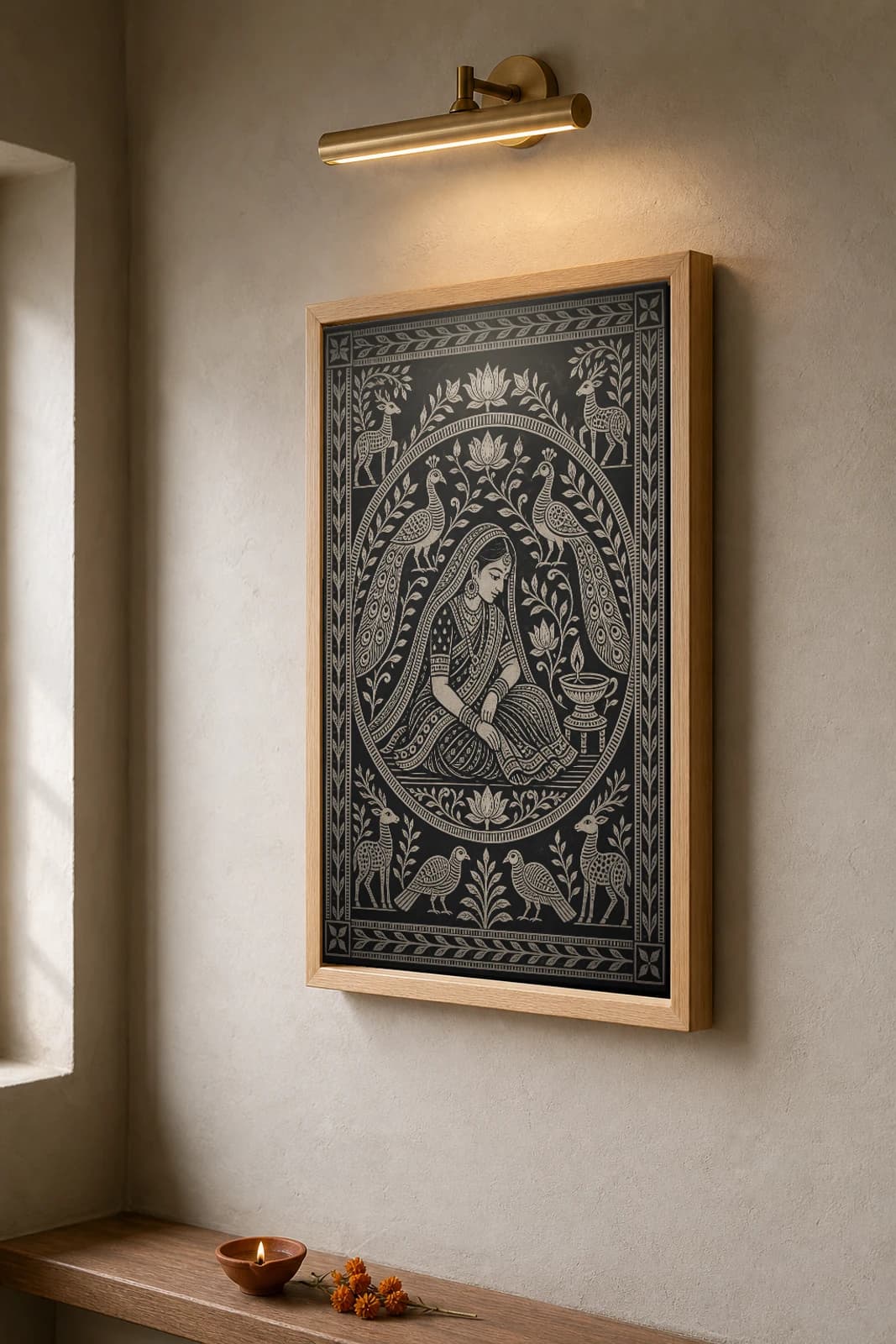 The Bride's Khovar Room — Khovar sgraffito wedding-chamber art print · seated bride ringed by combed peacocks, lotus and deer on a dark manganese ground · Hazaribagh marriage mural of Jharkhand — the framed print shown at a three-quarter angle on a styled gallery wall in a natural-oak frame