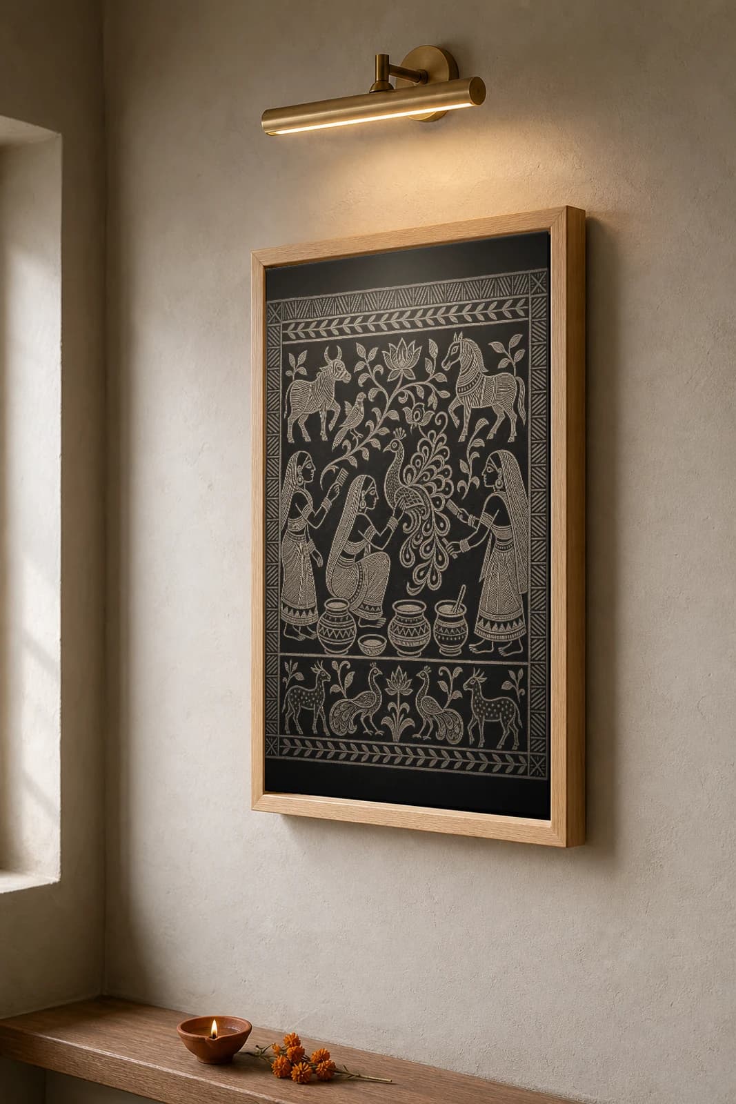 Women Painting the Khovar — Khovar sgraffito art print · household women combing a peacock onto the wet wedding wall, kaolin pots at their feet · Hazaribagh marriage mural of Jharkhand — the framed print shown at a three-quarter angle on a styled gallery wall in a natural-oak frame