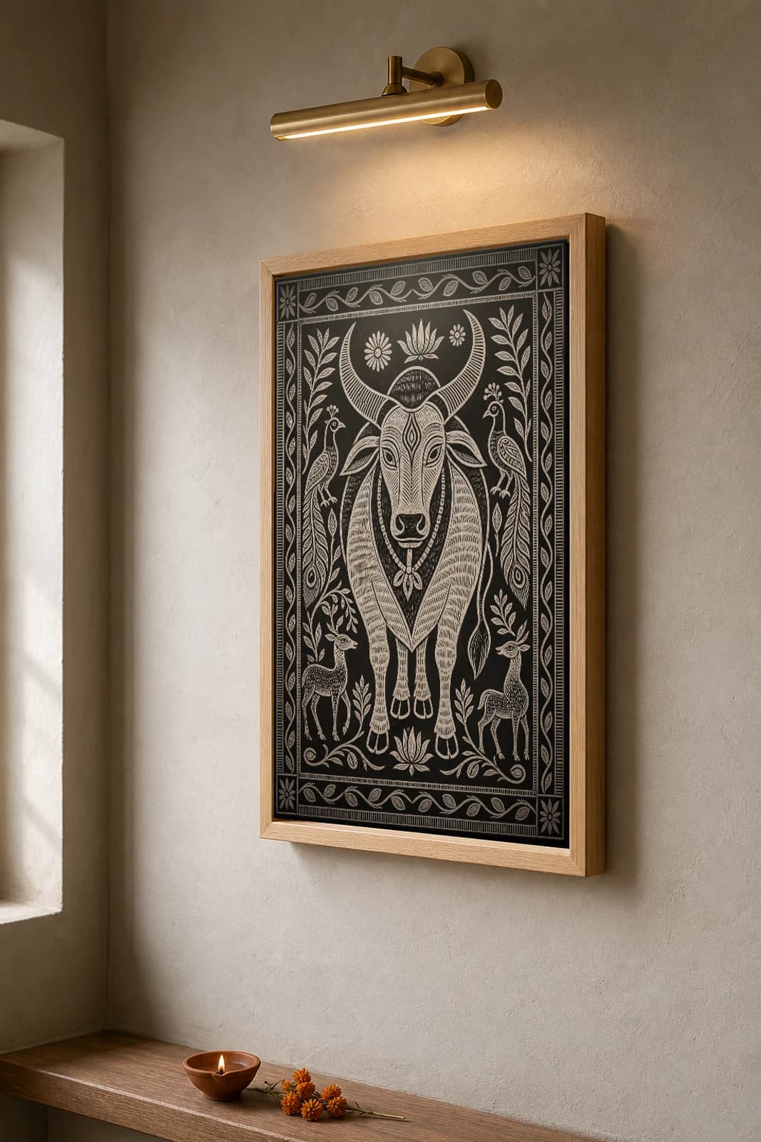 Khovar Comb Bull — Khovar sgraffito art print · a single humped bull combed front-on in white kaolin over a dark base, peacocks and deer at the margins · Hazaribagh marriage mural of Jharkhand — the framed print shown at a three-quarter angle on a styled gallery wall in a natural-oak frame