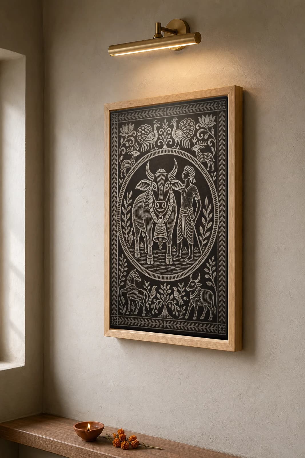 The Dhokra Cattle Bell — Khovar sgraffito art print · a garlanded lead bullock wearing its cast brass Dokra neck-bell, a herder's hand on its horn · Hazaribagh marriage mural of Jharkhand — the framed print shown at a three-quarter angle on a styled gallery wall in a natural-oak frame