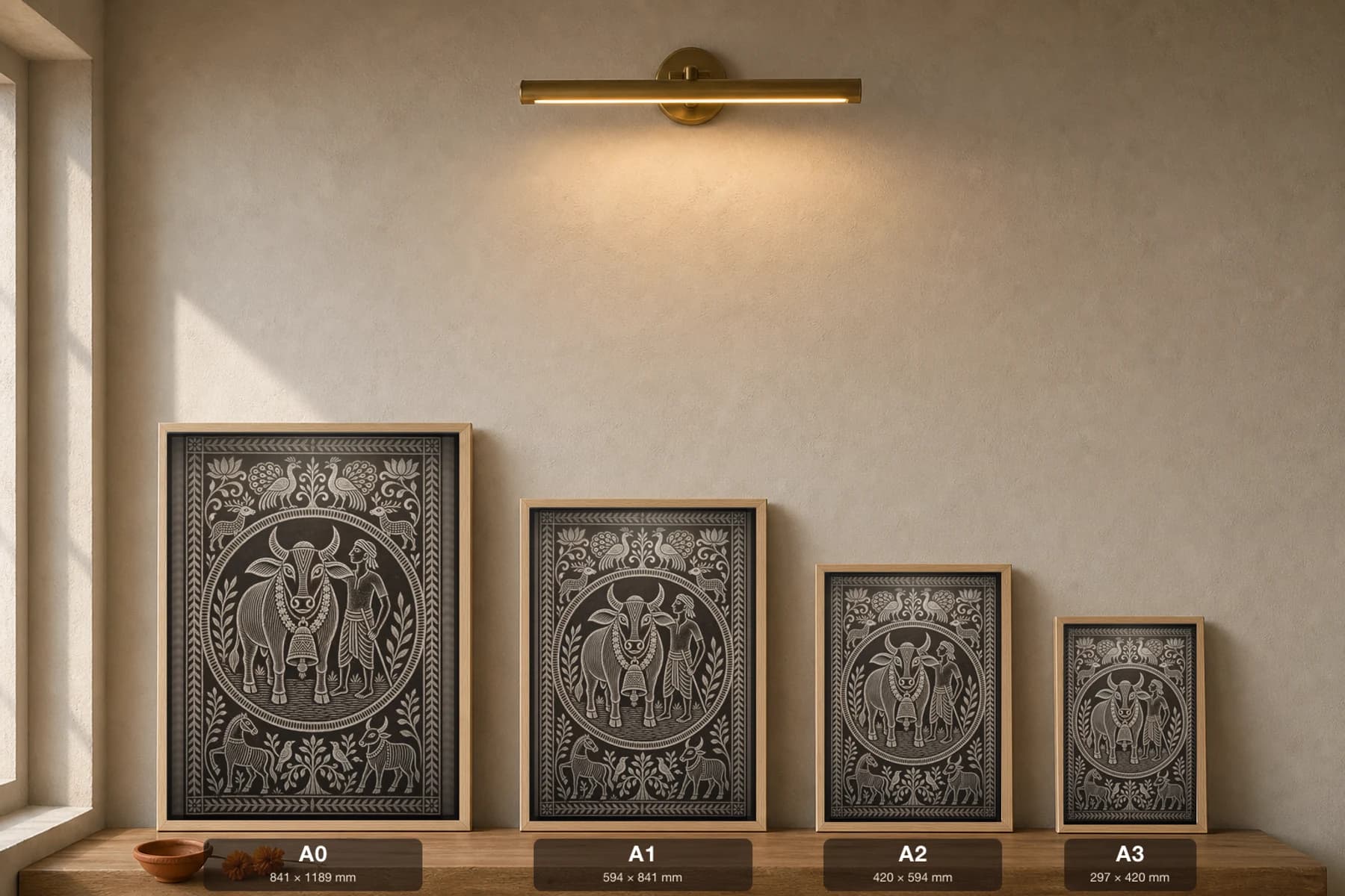The Dhokra Cattle Bell — Khovar sgraffito art print · a garlanded lead bullock wearing its cast brass Dokra neck-bell, a herder's hand on its horn · Hazaribagh marriage mural of Jharkhand — print size guide showing the artwork at A0, A1, A2 and A3 in natural-oak frames at true relative scale