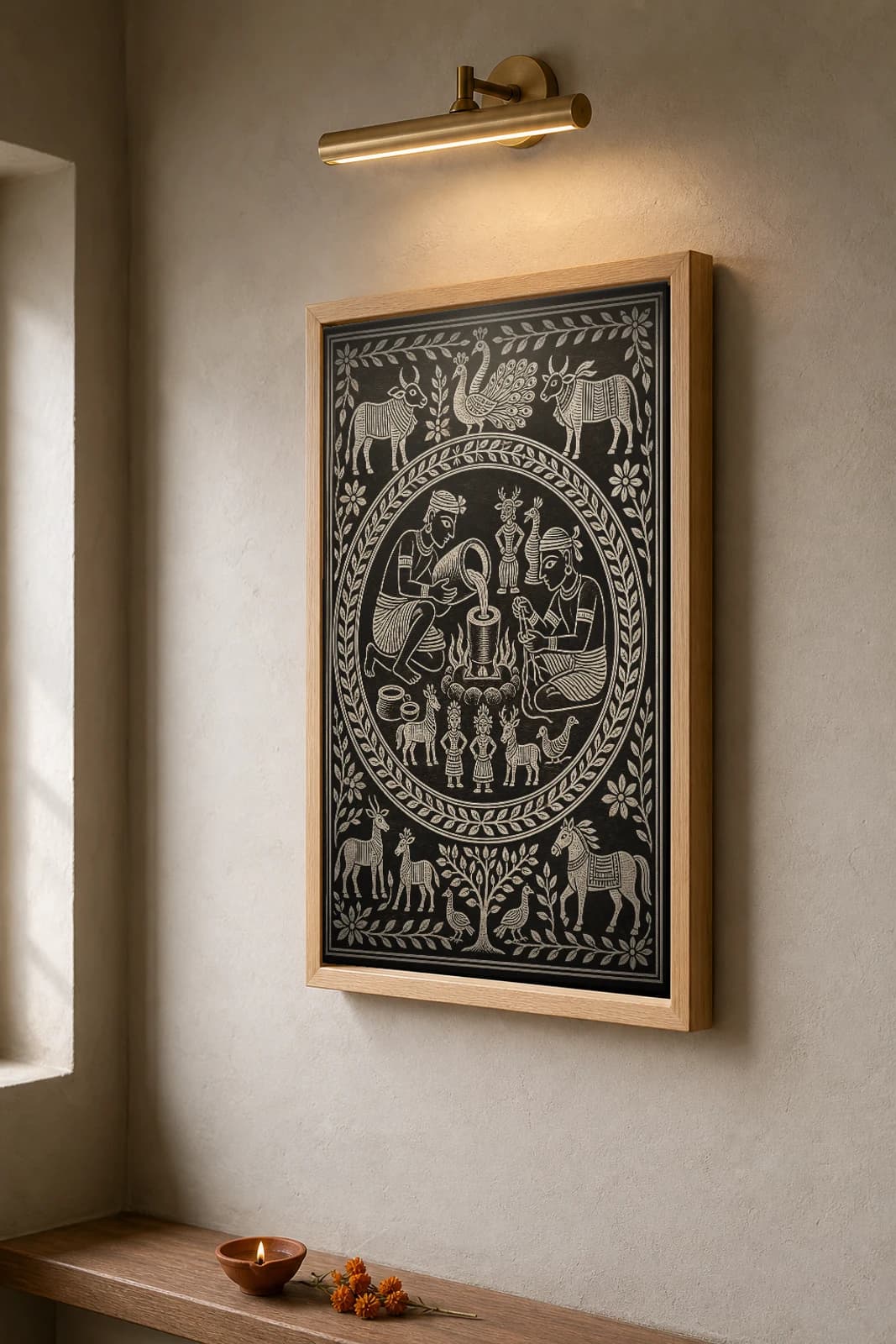 Dokra Lost-Wax Casting — Khovar sgraffito art print · two artisans pouring a glowing crucible into a clay-wax mould over a charcoal pit, finished brass figures around · Hazaribagh marriage mural of Jharkhand — the framed print shown at a three-quarter angle on a styled gallery wall in a natural-oak frame